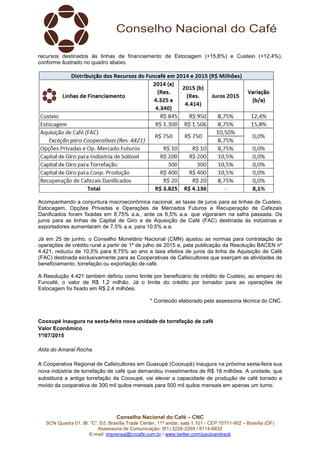 Conselho Nacional do Café – CNC
SCN Quadra 01, Bl. “C”, Ed. Brasília Trade Center, 11º andar, sala 1.101 - CEP 70711-902 – Brasília (DF)
Assessoria de Comunicação: (61) 3226-2269 / 8114-6632
E-mail: imprensa@cncafe.com.br / www.twitter.com/pauloandreck
recursos destinados às linhas de financiamento de Estocagem (+15,8%) e Custeio (+12,4%),
conforme ilustrado no quadro abaixo.
Acompanhando a conjuntura macroeconômica nacional, as taxas de juros para as linhas de Custeio,
Estocagem, Opções Privadas e Operações de Mercados Futuros e Recuperação de Cafezais
Danificados foram fixadas em 8,75% a.a., ante os 6,5% a.a. que vigoraram na safra passada. Os
juros para as linhas de Capital de Giro e de Aquisição de Café (FAC) destinada às indústrias e
exportadores aumentaram de 7,5% a.a. para 10,5% a.a.
Já em 25 de junho, o Conselho Monetário Nacional (CMN) ajustou as normas para contratação de
operações de crédito rural a partir de 1º de julho de 2015 e, pela publicação da Resolução BACEN nº
4.421, reduziu de 10,5% para 8,75% ao ano a taxa efetiva de juros da linha de Aquisição de Café
(FAC) destinada exclusivamente para as Cooperativas de Cafeicultores que exerçam as atividades de
beneficiamento, torrefação ou exportação de café.
A Resolução 4.421 também definiu como limite por beneficiário de crédito de Custeio, ao amparo do
Funcafé, o valor de R$ 1,2 milhão. Já o limite do crédito por tomador para as operações de
Estocagem foi fixado em R$ 2,4 milhões.
* Conteúdo elaborado pela assessoria técnica do CNC.
Cooxupé inaugura na sexta-feira nova unidade de torrefação de café
Valor Econômico
1º/07/2015
Alda do Amaral Rocha
A Cooperativa Regional de Cafeicultores em Guaxupé (Cooxupé) inaugura na próxima sexta-feira sua
nova indústria de torrefação de café que demandou investimentos de R$ 18 milhões. A unidade, que
substituirá a antiga torrefação da Cooxupé, vai elevar a capacidade de produção de café torrado e
moído da cooperativa de 300 mil quilos mensais para 500 mil quilos mensais em apenas um turno.
 