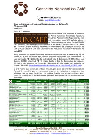 Conselho Nacional do Café – CNC
SCN Quadra 01, Bl. “C”, Ed. Brasília Trade Center, 11º andar, sala 1.101 - CEP 70711-902 – Brasília (DF)
Assessoria de Comunicação: (61) 3226-2269 / 8114-6632
E-mail: imprensa@cncafe.com.br / www.twitter.com/pauloandreck
CLIPPING –02/09/2015
Acesse: www.cncafe.com.br
Mapa assina novos contratos para liberação de recursos do Funcafé
P1 / Ascom CNC
02/09/2015
Paulo A. C. Kawasaki
Nesta quarta-feira, 2 de setembro, a Secretaria
de Política Agrícola do Ministério da Agricultura,
Pecuária e Abastecimento (Mapa) assinou mais
dois contratados, com o ABN AMRO e o Banco
de Desenvolvimento de Minas Gerais (BDMG),
para que essas instituições operem um montante de até R$ 145,5 milhões do Fundo de Defesa
da Economia Cafeeira (Funcafé), nas linhas de financiamento de Estocagem, Aquisição de
Café (FAC) e Capital de Giro para Cooperativas de Produção e Indústrias de Torrefação, na
safra 2015.
Até o momento, os agentes financeiros assinaram contratados para a operação de R$ 3,4
bilhões, ou 82,72% do total de R$ 4,1 bilhões disponibilizados para o ciclo cafeeiro atual. Do
valor contratado, R$ 1,256 bilhão são destinados à linha de Estocagem, R$ 852 milhões para
Custeio, R$ 630,5 mi ao FAC, R$ 313 mi para Capital de Giro das Cooperativas de Produção,
R$ 245 mi para Indústrias de Torrefação e Moagem e R$ 125 milhões para Indústrias de
Solúvel (vide tabela: https://imagenscnc.files.wordpress.com/2015/07/funcafe_02092015.jpg).
O CNC recorda que, apesar dos contratos firmados, para que o Governo libere os recursos do
Funcafé é necessário que os interessados procurem as instituições e apresentem seus
interesses para que essas demandem a necessidade de verba junto ao gestor do Fundo. Até o
último dia 28 de agosto, o Mapa comunicou que havia sido repassado R$ 1,162 bilhão do total
contratado.
 