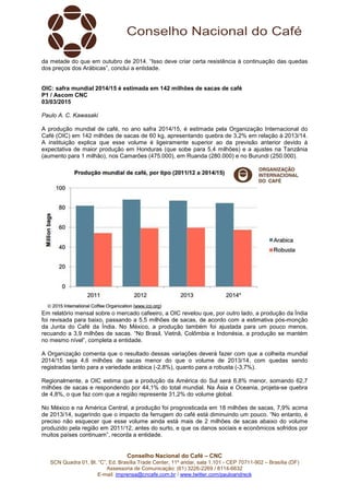Conselho Nacional do Café – CNC
SCN Quadra 01, Bl. “C”, Ed. Brasília Trade Center, 11º andar, sala 1.101 - CEP 70711-902 – Brasília (DF)
Assessoria de Comunicação: (61) 3226-2269 / 8114-6632
E-mail: imprensa@cncafe.com.br / www.twitter.com/pauloandreck
da metade do que em outubro de 2014. “Isso deve criar certa resistência à continuação das quedas
dos preços dos Arábicas”, conclui a entidade.
OIC: safra mundial 2014/15 é estimada em 142 milhões de sacas de café
P1 / Ascom CNC
03/03/2015
Paulo A. C. Kawasaki
A produção mundial de café, no ano safra 2014/15, é estimada pela Organização Internacional do
Café (OIC) em 142 milhões de sacas de 60 kg, apresentando quebra de 3,2% em relação à 2013/14.
A instituição explica que esse volume é ligeiramente superior ao da previsão anterior devido à
expectativa de maior produção em Honduras (que sobe para 5,4 milhões) e a ajustes na Tanzânia
(aumento para 1 milhão), nos Camarões (475.000), em Ruanda (280.000) e no Burundi (250.000).
Em relatório mensal sobre o mercado cafeeiro, a OIC revelou que, por outro lado, a produção da Índia
foi revisada para baixo, passando a 5,5 milhões de sacas, de acordo com a estimativa pós-monção
da Junta do Café da Índia. No México, a produção também foi ajustada para um pouco menos,
recuando a 3,9 milhões de sacas. “No Brasil, Vietnã, Colômbia e Indonésia, a produção se mantém
no mesmo nível”, completa a entidade.
A Organização comenta que o resultado dessas variações deverá fazer com que a colheita mundial
2014/15 seja 4,6 milhões de sacas menor do que o volume de 2013/14, com quedas sendo
registradas tanto para a variedade arábica (-2,8%), quanto para a robusta (-3,7%).
Regionalmente, a OIC estima que a produção da América do Sul será 6,8% menor, somando 62,7
milhões de sacas e respondendo por 44,1% do total mundial. Na Ásia e Oceania, projeta-se quebra
de 4,8%, o que faz com que a região represente 31,2% do volume global.
No México e na América Central, a produção foi prognosticada em 18 milhões de sacas, 7,9% acima
de 2013/14, sugerindo que o impacto da ferrugem do café está diminuindo um pouco. “No entanto, é
preciso não esquecer que esse volume ainda está mais de 2 milhões de sacas abaixo do volume
produzido pela região em 2011/12, antes do surto, e que os danos sociais e econômicos sofridos por
muitos países continuam”, recorda a entidade.
 