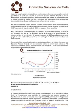 Conselho Nacional do Café – CNC
SCN Quadra 01, Bl. “C”, Ed. Brasília Trade Center, 11º andar, sala 1.101 - CEP 70711-902 – Brasília (DF)
Assessoria de Comunicação: (61) 3226-2269 / 8114-6632
E-mail: imprensa@cncafe.com.br / www.twitter.com/pauloandreck
As chuvas nas principais regiões produtoras brasileiras aumentaram as preocupações quanto à
possibilidade de perda de qualidade e rendimento da safra 2016/17. Segundo a Somar
Meteorologia, um bloqueio atmosférico tem mantido frentes frias e áreas de instabilidade sobre
o cinturão produtor de arábica, por isso a ocorrência das precipitações fortes e frequentes
sobre o sul de Minas Gerais, São Paulo e norte do Paraná nesta semana.
Em relação ao mercado cambial brasileiro, o cenário político continua sendo importante fator de
influência da precificação da moeda norte-americana. Ontem, o dólar comercial foi cotado a R$
3,5875, acumulando desvalorização de -0,6% em relação à última sexta-feira.
Na ICE Futures US, o vencimento julho do Contrato C foi cotado, na quinta-feira, a US$ 1,23
por libra-peso, com alta de 170 pontos em relação ao fechamento da semana anterior. O
vencimento julho do contrato futuro do robusta, negociado na ICE Futures Europe, encerrou o
pregão de ontem a US$ 1.656 por tonelada, com valorização de US$ 16 na comparação com a
sexta passada.
No mercado físico nacional, os indicadores calculados pelo Centro de Estudos Avançados em
Economia Aplicada (Cepea) para as variedades arábica e conilon foram cotados a R$
460,72/saca e a R$ 387,94/saca, respectivamente, com variação de 1,5% e –0,04% em relação
ao fechamento da semana antecedente.
Atenciosamente,
Silas Brasileiro
Presidente Executivo
Financiamento para compra de maquinário de café aumenta para R$ 320 mil
Mapa - Assessoria de comunicação social
02/06/2016
Inez De Podestà
O Conselho Monetário Nacional (CMN) aprovou o reajuste de R$ 40 mil para R$ 320 mil do
limite de financiamento para aquisição de equipamentos de preparo, secagem e
beneficiamento do grãos. A resolução, dessa terça-feira (31/05), está incluída no Programa de
Modernização da Frota de Tratores Agrícolas e Implementos Associados e Colheitadeiras
(Moderfrota), dentro do Plano Agrícola e Pecuário 2016/2017, que entra em vigor no dia 1º de
 