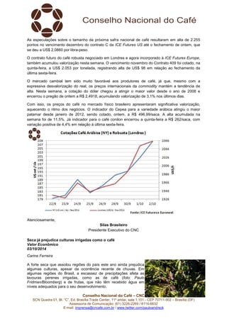 As especulações sobre o tamanho da próxima safra nacional de café resultaram em alta de 2.255 
pontos no vencimento dezembro do contrato C da ICE Futures US até o fechamento de ontem, que 
se deu a US$ 2,0860 por libra-peso. 
O contrato futuro do café robusta negociado em Londres e agora incorporado à ICE Futures Europe, 
também acumulou valorização nesta semana. O vencimento novembro do Contrato 409 foi cotado, na 
quinta-feira, a US$ 2.053 por tonelada, registrando alta de US$ 98 em relação ao fechamento da 
última sexta-feira. 
O mercado cambial tem sido muito favorável aos produtores de café, já que, mesmo com a 
expressiva desvalorização do real, os preços internacionais da commodity mantém a tendência de 
alta. Nesta semana, a cotação do dólar chegou a atingir o maior valor desde o ano de 2008 e 
encerrou o pregão de ontem a R$ 2,4918, acumulando valorização de 3,1% nos últimos dias. 
Com isso, os preços do café no mercado físico brasileiro apresentaram significativa valorização, 
aquecendo o ritmo dos negócios. O indicador do Cepea para a variedade arábica atingiu o maior 
patamar desde janeiro de 2012, sendo cotado, ontem, a R$ 496,99/saca. A alta acumulada na 
semana foi de 11,5%. Já indicador para o café conilon encerrou a quinta-feira a R$ 262/saca, com 
variação positiva de 4,4% em relação à última sexta-feira. 
Conselho Nacional do Café – CNC 
SCN Quadra 01, Bl. “C”, Ed. Brasília Trade Center, 11º andar, sala 1.101 - CEP 70711-902 – Brasília (DF) 
Assessoria de Comunicação: (61) 3226-2269 / 8114-6632 
E-mail: imprensa@cncafe.com.br / www.twitter.com/pauloandreck 
Atenciosamente, 
Silas Brasileiro 
Presidente Executivo do CNC 
Seca já prejudica culturas irrigadas como o café 
Valor Econômico 
03/10/2014 
Carine Ferreira 
A forte seca que assolou regiões do país este ano ainda prejudica 
algumas culturas, apesar da ocorrência recente de chuvas. Em 
algumas regiões do Brasil, a escassez de precipitações afeta as 
lavouras perenes irrigadas, como as de café (foto: Paulo 
Fridman/Bloomberg) e de frutas, que não têm recebido água em 
níveis adequados para o seu desenvolvimento. 
 