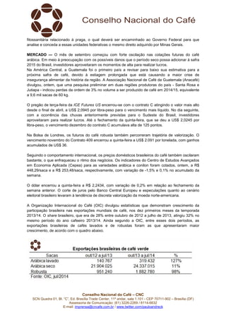 fitossanitária relacionado à praga, o qual deverá ser encaminhado ao Governo Federal para que 
analise e conceda a essas unidades federativas o mesmo direito adquirido por Minas Gerais. 
MERCADO — O mês de setembro começou com forte oscilação nas cotações futuras do café 
arábica. Em meio à preocupação com os possíveis danos que o período seco possa adicionar à safra 
2015 do Brasil, investidores aproveitaram os momentos de alta para realizar lucros. 
Na América Central, a Guatemala foi o primeiro país a revisar para baixo sua estimativa para a 
próxima safra de café, devido à estiagem prolongada que está causando a maior crise de 
insegurança alimentar da história da região. A Associação Nacional de Café da Guatemala (Anacafé) 
divulgou, ontem, que uma pesquisa preliminar em duas regiões produtoras do país - Santa Rosa e 
Jutiapa - indicou perdas da ordem de 3% no volume a ser produzido de café em 2014/15, equivalente 
a 9,6 mil sacas de 60 kg. 
O pregão de terça-feira da ICE Futures US encerrou-se com o contrato C atingindo o valor mais alto 
desde o final de abril, a US$ 2,0945 por libra-peso para o vencimento mais líquido. No dia seguinte, 
com a ocorrência das chuvas anteriormente previstas para o Sudeste do Brasil, investidores 
aproveitaram para realizar lucros. Até o fechamento da quinta-feira, que se deu a US$ 2,0245 por 
libra-peso, o vencimento dezembro do contrato C acumulava alta de 125 pontos. 
Na Bolsa de Londres, os futuros do café robusta também percorreram trajetória de valorização. O 
vencimento novembro do Contrato 409 encerrou a quinta-feira a US$ 2.091 por tonelada, com ganhos 
acumulados de US$ 36. 
Seguindo o comportamento internacional, os preços domésticos brasileiros do café também oscilaram 
bastante, o que enfraqueceu o ritmo dos negócios. Os indicadores do Centro de Estudos Avançados 
em Economia Aplicada (Cepea) para as variedades arábica e conilon foram cotados, ontem, a R$ 
448,29/saca e a R$ 253,48/saca, respectivamente, com variação de -1,5% e 0,1% no acumulado da 
semana. 
O dólar encerrou a quinta-feira a R$ 2,2434, com variação de 0,2% em relação ao fechamento da 
semana anterior. O corte de juros pelo Banco Central Europeu e especulações quanto ao cenário 
eleitoral brasileiro levaram à tendência de discreta valorização da moeda norte-americana. 
A Organização Internacional do Café (OIC) divulgou estatísticas que demonstram crescimento da 
participação brasileira nas exportações mundiais de café, nos dez primeiros meses da temporada 
2013/14. O share brasileiro, que era de 28% entre outubro de 2012 a julho de 2013, atingiu 32% no 
mesmo período do ano cafeeiro 2013/14. Ainda segundo a OIC, entre esses dois períodos, as 
exportações brasileiras de cafés lavados e de robustas foram as que apresentaram maior 
crescimento, de acordo com o quadro abaixo. 
Conselho Nacional do Café – CNC 
SCN Quadra 01, Bl. “C”, Ed. Brasília Trade Center, 11º andar, sala 1.101 - CEP 70711-902 – Brasília (DF) 
Assessoria de Comunicação: (61) 3226-2269 / 8114-6632 
E-mail: imprensa@cncafe.com.br / www.twitter.com/pauloandreck 
 