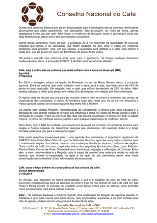 Conselho Nacional do Café – CNC
SCN Quadra 01, Bl. “C”, Ed. Brasília Trade Center, 11º andar, sala 1.101 - CEP 70711-902 – Brasília (DF)
Assessoria de Comunicação: (61) 3226-2269 / 8114-6632
E-mail: imprensa@cncafe.com.br / www.twitter.com/pauloandreck
Outros dois cenários atípicos que geram preocupação para o fisiologista são as diversas ramificações
secundárias que estão aparecendo nas plantações. Elas produzem, ao invés de flores, gemas
vegetativas e não vão dar café. Além disso, a incidência de ferrugem tardia é grande por conta das
altas temperaturas deste ano e tem atormentado produtores.
Diante desse panorama, Rena diz que “a produção 2015 vai depender da quantidade de lavouras
irrigadas que temos e de plantações que foram podadas há dois anos e estão em melhores
condições para produzir”, mas, em sua opinião, a qualidade será afetada e a safra será inferior à
deste ano, que ele prevê em cerca de 40 milhões de sacas de 60 quilos.
Há ainda a questão dos próximos anos, pois, para o agrônomo, “se houver qualquer fenômeno
desfavorável no clima, a produção 2016/2017 também será seriamente afetada”.
Café, soja e milho são as culturas que mais sofrem com a seca em Guaxupé (MG)
Agrolink
07/08/2014
Em 2014 a estiagem atípica na região de Guaxupé, no sul de Minas Gerais, afetou a produção
agrícola. Entre as culturas que mais sofreram com a seca, está a soja, que teve cerca de 40% de
perda no total produzido. Em seguida, veio o café, que sofreu decréscimo de 25% da safra. Além
dessas culturas, o milho grão atingiu em média 55% de prejuízo, em relação aos anos anteriores.
O regime ideal de chuvas que era para ter ocorrido entre o mês de janeiro e fevereiro não atingiu as
expectativas dos lavradores. O índice pluviométrico mais alto, neste ano, foi de 53 mm, enquanto a
média agrícola padrão de chuvas regulares fica entre 700 a 800mm.
De acordo com Josélia Pegorim, meteorologista da Climatempo, o motivo para essa situação é a
chegada de uma grande massa de ar seco que influência o clima no Estado de Minas Gerais e inibe a
formação de chuvas. "Para os próximos dez dias não haverá mudanças no tempo em todo o estado
mineiro. O clima vai continuar seco e quente e sem qualquer expectativa de melhora”, afirma.
Além disso, com a falta de umidade, as lavouras em Guaxupé se tornaram um ambiente propício para
pragas e fungos capazes de disseminar doenças aos produtores. Um exemplo disso é o fungo
hemileia vasta pics que gera a doença ferrugem.
Para evitar prejuízos irreversíveis para o ano agrícola dos produtores, o engenheiro agrônomo da
EMATER José Inácio Silva Citton diz que há diferentes técnicas agrícolas que podem contribuir para
o mantimento regular das safras, mesmo com mudanças climáticas atípicas, conforme ele explica:
“Para a safra de café, há como o agricultor utilizar das seguintes técnicas de cultivo, como Palhada,
Plantio Direto, Curvas de Nível, Dissecação com herbicidas, Irrigação e a Rotação de Culturas. Entre
elas, a mais recomendada é a Roçada, pois é capaz de manter uma cobertura morta no solo da
lavoura, que impede a evaporação da água e da ação do sol, permitindo assim uma maior
conservação dos nutrientes” (Com informações de assessoria).
Café, arroz e trigo sofrem as consequências das chuvas de julho
Somar Meteorologia
07/08/2014
As chuvas, que atingiram de forma generalizada o Sul e o Sudeste do país no final de julho,
trouxeram consequências para as lavouras de arroz e trigo no Rio Grande do Sul e de café em São
Paulo e Minas Gerais. O excesso de umidade numa época crítica para as plantas, pode acarretar
numa produtividade mais baixa dessas culturas.
Café – Os cafezais paulistas e mineiros tiveram uma aceleração na floração de algumas plantas. O
problema é que caso ocorra uma nova chuva, com acumulados superiores a 20 mm durante esse
mês de agosto, poderá ocorrer uma primeira florada desta safra.
 