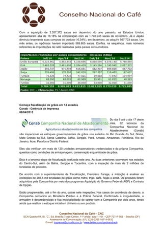 Conselho Nacional do Café – CNC
SCN Quadra 01, Bl. “C”, Ed. Brasília Trade Center, 11º andar, sala 1.101 - CEP 70711-902 – Brasília (DF)
Assessoria de Comunicação: (61) 3226-2269 / 8114-6632
E-mail: imprensa@cncafe.com.br / www.twitter.com/pauloandreck
Com a aquisição de 2.057.372 sacas em dezembro do ano passado, os Estados Unidos
apresentaram alta de 18,18% na comparação com as 1.740.945 sacas de novembro. Já o Japão
diminuiu levemente suas compras do produto (-0,34%), em dezembro, ao adquirir 567.703 sacas. Um
mês antes, os nipônicos haviam importado 569.805 sacas. Confira, na sequência, mais números
referentes às importações de café realizadas pelos países consumidores.
Começa fiscalização de grãos em 14 estados
Conab - Gerência de Imprensa
08/04/2015
Do dia 6 até o dia 17 deste
mês, 32 técnicos da
Companhia Nacional de
Abastecimento (Conab)
vão inspecionar os estoques governamentais de grãos nos estados do Rio Grande do Sul, Goiás,
Mato Grosso do Sul, Santa Catarina, Bahia, Sergipe, Pará, Amapá, Amazonas, Rondônia, Rio de
Janeiro, Acre, Paraíba e Distrito Federal.
Eles vão verificar, em mais de 120 unidades armazenadoras credenciadas e da própria Companhia,
quesitos como condições de armazenagem, conservação e quantidade de grãos.
Esta é a terceira etapa de fiscalização realizada este ano. As duas anteriores ocorreram nos estados
do Centro-Sul, além de Bahia, Sergipe e Tocantins, com a inspeção de mais de 2 milhões de
toneladas de produtos.
De acordo com o superintendente de Fiscalização, Francisco Farage, a intenção é analisar as
condições de 285,5 mil toneladas de grãos como milho, trigo, café, feijão e arroz. Os produtos foram
adquiridos pela Companhia por meio dos programas Aquisição do Governo Federal (AGF) e Contrato
de Opção.
Estão programadas, até o fim do ano, outras sete inspeções. Nos casos de ocorrência de desvio, a
Companhia comunica ao Ministério Público e à Polícia Federal. Confirmada a irregularidade, o
armazém é descredenciado e fica impossibilitado de operar com a Companhia por dois anos, tendo
ainda que restituir o estoque inicial em dinheiro ou em produto.
 