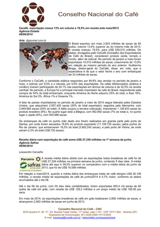 SCN Quadra 01, Bl. “C”, Ed. Brasília Trade Center, 11º andar, sala 1.101
Assessoria de Comunicação: (61) 3
E-mail: imprensa@cncafe.com.br
Cecafé: exportação cresce 13%
Agência Estado
09/06/2014
Arte: digisulnet.com.br
Conforme o CeCafé, a variedade arábica respondeu por 84,8% das vendas no período de janeiro a
maio, o solúvel, por 9,5% e o robusta, por 5,6% das exportações. Os cafés diferenciados (arábica e
conillon) tiveram participação de 24,1% nas exportações em te
cambial. No período, a Europa foi o principal mercado importador de café do Brasil, respondendo pela
compra de 54% do total embarcado, enquanto América do Norte adquiriu 25% do total, a Ásia 16%,
América do Sul 3%, África 1% e Oceania 1%.
A lista de países importadores no período de janeiro a maio de 2014 segue liderada pelos Estados
Unidos, que adquiriram 2.957.420 sacas (20% do total exportado), seguidos pela Alemanha, com
2.849.685 sacas (20% do total). A Itália ocup
produto brasileiro (8%). No quarto lugar está a Bélgica, com 952.892 sacas (7% do total) e, no quinto
lugar o Japão (6%), com 930.986 sacas.
Os embarques de café no quinto mês deste ano foram realizad
Santos, por onde foram escoados 76,6% do produto exportado (11.109.735 sacas), pelos portos do
Rio de Janeiro, que embarcaram 18,3% do total (2.662.242 sacas), e pelo porto de Vitória, de onde
saíram 2,3% do total (338.732 sacas).
Receita diária com exportação de café soma US$ 27,339 milhões na 1ª semana de junho
Agência Safras
09/06/2014
Lessandro Carvalho
A receita média diária obtida com as exportações totais brasileiras de café foi de
US$ 27,339 milhões na primeira semana de jun
diária até aqui é 39,5% superior no comparativo com a média diária de junho de
2013, que foi de US$ 19,598 milhões.
Em relação a maio/2014, quando a média diária dos embarques totais de café atingira US$ 26,108
milhões, a receita média de exportações de café de junho/2014 é 4,7% maior, conforme os dados
acumulados até o dia 08.
Até o dia 08 de junho, com 05 dias úteis contabilizados, foram exportadas 655,4 mil sacas de 60
quilos de café em grão, com receita de US$ 128,2 milhões e um preço médio de US$ 195,50 por
saca.
Em maio de 2014, as exportações brasileiras de café em grão t
alcançaram 2,083 milhões de sacas em junho de 2013.
Conselho Nacional do Café – CNC
SCN Quadra 01, Bl. “C”, Ed. Brasília Trade Center, 11º andar, sala 1.101 - CEP 70711
Assessoria de Comunicação: (61) 3226-2269 / 8114-6632
imprensa@cncafe.com.br / www.twitter.com/pauloandreck
13% em volume e 19,5% em receita ante maio/2013
O Brasil exportou em maio 2,923 milhões de sacas de 60
quilos, volume 13,4% superior ao do mesmo mês de 2013.
A receita cresceu 19,5%, para US$ 539,515 milhões. Os
dados, divulgados pelo CeCafé (Conselho dos Exportadores
de Café do Brasil), consideram produto verde, torrado e
moído, além de solúvel. No período de janeiro a
exportadas 14,510 milhões de sacas, crescimento de 13,9%
em relação ao mesmo período do ano anterior. Guilherme
Braga, diretor-geral do CeCafé, disse, em nota, que a
expectativa é de que o setor feche o ano com embarques
de 33 milhões de sacas.
Conforme o CeCafé, a variedade arábica respondeu por 84,8% das vendas no período de janeiro a
maio, o solúvel, por 9,5% e o robusta, por 5,6% das exportações. Os cafés diferenciados (arábica e
conillon) tiveram participação de 24,1% nas exportações em termos de volume e de 32,5% na receita
cambial. No período, a Europa foi o principal mercado importador de café do Brasil, respondendo pela
compra de 54% do total embarcado, enquanto América do Norte adquiriu 25% do total, a Ásia 16%,
ca 1% e Oceania 1%.
A lista de países importadores no período de janeiro a maio de 2014 segue liderada pelos Estados
Unidos, que adquiriram 2.957.420 sacas (20% do total exportado), seguidos pela Alemanha, com
2.849.685 sacas (20% do total). A Itália ocupou a terceira colocação, importando 1.126.633 sacas do
produto brasileiro (8%). No quarto lugar está a Bélgica, com 952.892 sacas (7% do total) e, no quinto
lugar o Japão (6%), com 930.986 sacas.
Os embarques de café no quinto mês deste ano foram realizados em grande parte pelo porto de
Santos, por onde foram escoados 76,6% do produto exportado (11.109.735 sacas), pelos portos do
Rio de Janeiro, que embarcaram 18,3% do total (2.662.242 sacas), e pelo porto de Vitória, de onde
sacas).
Receita diária com exportação de café soma US$ 27,339 milhões na 1ª semana de junho
A receita média diária obtida com as exportações totais brasileiras de café foi de
US$ 27,339 milhões na primeira semana de junho, contando 5 dias úteis. A média
diária até aqui é 39,5% superior no comparativo com a média diária de junho de
2013, que foi de US$ 19,598 milhões.
Em relação a maio/2014, quando a média diária dos embarques totais de café atingira US$ 26,108
a receita média de exportações de café de junho/2014 é 4,7% maior, conforme os dados
Até o dia 08 de junho, com 05 dias úteis contabilizados, foram exportadas 655,4 mil sacas de 60
quilos de café em grão, com receita de US$ 128,2 milhões e um preço médio de US$ 195,50 por
Em maio de 2014, as exportações brasileiras de café em grão totalizaram 2,692 milhões de sacas, e
alcançaram 2,083 milhões de sacas em junho de 2013.
CEP 70711-902 – Brasília (DF)
ante maio/2013
O Brasil exportou em maio 2,923 milhões de sacas de 60
e 13,4% superior ao do mesmo mês de 2013.
A receita cresceu 19,5%, para US$ 539,515 milhões. Os
dados, divulgados pelo CeCafé (Conselho dos Exportadores
de Café do Brasil), consideram produto verde, torrado e
moído, além de solúvel. No período de janeiro a maio foram
exportadas 14,510 milhões de sacas, crescimento de 13,9%
em relação ao mesmo período do ano anterior. Guilherme
geral do CeCafé, disse, em nota, que a
expectativa é de que o setor feche o ano com embarques
Conforme o CeCafé, a variedade arábica respondeu por 84,8% das vendas no período de janeiro a
maio, o solúvel, por 9,5% e o robusta, por 5,6% das exportações. Os cafés diferenciados (arábica e
rmos de volume e de 32,5% na receita
cambial. No período, a Europa foi o principal mercado importador de café do Brasil, respondendo pela
compra de 54% do total embarcado, enquanto América do Norte adquiriu 25% do total, a Ásia 16%,
A lista de países importadores no período de janeiro a maio de 2014 segue liderada pelos Estados
Unidos, que adquiriram 2.957.420 sacas (20% do total exportado), seguidos pela Alemanha, com
ou a terceira colocação, importando 1.126.633 sacas do
produto brasileiro (8%). No quarto lugar está a Bélgica, com 952.892 sacas (7% do total) e, no quinto
os em grande parte pelo porto de
Santos, por onde foram escoados 76,6% do produto exportado (11.109.735 sacas), pelos portos do
Rio de Janeiro, que embarcaram 18,3% do total (2.662.242 sacas), e pelo porto de Vitória, de onde
Receita diária com exportação de café soma US$ 27,339 milhões na 1ª semana de junho
A receita média diária obtida com as exportações totais brasileiras de café foi de
ho, contando 5 dias úteis. A média
diária até aqui é 39,5% superior no comparativo com a média diária de junho de
Em relação a maio/2014, quando a média diária dos embarques totais de café atingira US$ 26,108
a receita média de exportações de café de junho/2014 é 4,7% maior, conforme os dados
Até o dia 08 de junho, com 05 dias úteis contabilizados, foram exportadas 655,4 mil sacas de 60
quilos de café em grão, com receita de US$ 128,2 milhões e um preço médio de US$ 195,50 por
otalizaram 2,692 milhões de sacas, e
 