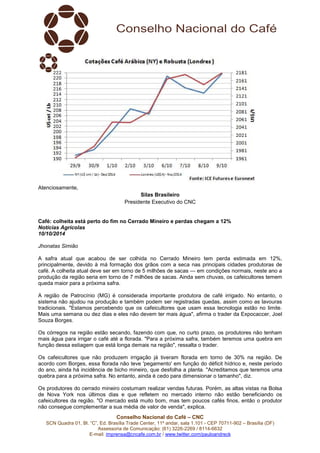 Conselho Nacional do Café – CNC 
SCN Quadra 01, Bl. “C”, Ed. Brasília Trade Center, 11º andar, sala 1.101 - CEP 70711-902 – Brasília (DF) 
Assessoria de Comunicação: (61) 3226-2269 / 8114-6632 
E-mail: imprensa@cncafe.com.br / www.twitter.com/pauloandreck 
Atenciosamente, 
Silas Brasileiro 
Presidente Executivo do CNC 
Café: colheita está perto do fim no Cerrado Mineiro e perdas chegam a 12% 
Notícias Agrícolas 
10/10/2014 
Jhonatas Simião 
A safra atual que acabou de ser colhida no Cerrado Mineiro tem perda estimada em 12%, 
principalmente, devido à má formação dos grãos com a seca nas principais cidades produtoras de 
café. A colheita atual deve ser em torno de 5 milhões de sacas — em condições normais, neste ano a 
produção da região seria em torno de 7 milhões de sacas. Ainda sem chuvas, os cafeicultores temem 
queda maior para a próxima safra. 
A região de Patrocínio (MG) é considerada importante produtora de café irrigado. No entanto, o 
sistema não ajudou na produção e também podem ser registradas quedas, assim como as lavouras 
tradicionais. "Estamos percebendo que os cafeicultores que usam essa tecnologia estão no limite. 
Mais uma semana ou dez dias e eles não devem ter mais água", afirma o trader da Expocaccer, Joel 
Souza Borges. 
Os córregos na região estão secando, fazendo com que, no curto prazo, os produtores não tenham 
mais água para irrigar o café até a florada. "Para a próxima safra, também teremos uma quebra em 
função dessa estiagem que está longa demais na região", ressalta o trader. 
Os cafeicultores que não produzem irrigação já tiveram florada em torno de 30% na região. De 
acordo com Borges, essa florada não teve 'pegamento' em função do déficit hídrico e, neste período 
do ano, ainda há incidência de bicho mineiro, que desfolha a planta. "Acreditamos que teremos uma 
quebra para a próxima safra. No entanto, ainda é cedo para dimensionar o tamanho", diz. 
Os produtores do cerrado mineiro costumam realizar vendas futuras. Porém, as altas vistas na Bolsa 
de Nova York nos últimos dias e que refletem no mercado interno não estão beneficiando os 
cafeicultores da região. "O mercado está muito bom, mas tem poucos cafés finos, então o produtor 
não consegue complementar a sua média de valor de venda", explica. 
 