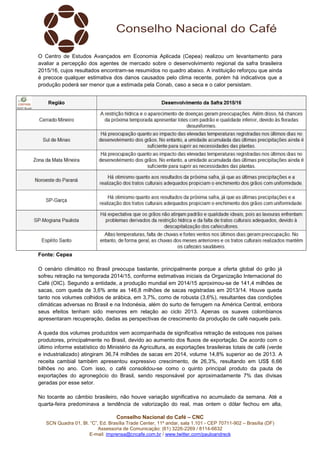 Conselho Nacional do Café – CNC
SCN Quadra 01, Bl. “C”, Ed. Brasília Trade Center, 11º andar, sala 1.101 - CEP 70711-902 – Brasília (DF)
Assessoria de Comunicação: (61) 3226-2269 / 8114-6632
E-mail: imprensa@cncafe.com.br / www.twitter.com/pauloandreck
O Centro de Estudos Avançados em Economia Aplicada (Cepea) realizou um levantamento para
avaliar a percepção dos agentes de mercado sobre o desenvolvimento regional da safra brasileira
2015/16, cujos resultados encontram-se resumidos no quadro abaixo. A instituição reforçou que ainda
é precoce qualquer estimativa dos danos causados pelo clima recente, porém há indicativos que a
produção poderá ser menor que a estimada pela Conab, caso a seca e o calor persistam.
Fonte: Cepea
O cenário climático no Brasil preocupa bastante, principalmente porque a oferta global do grão já
sofreu retração na temporada 2014/15, conforme estimativas iniciais da Organização Internacional do
Café (OIC). Segundo a entidade, a produção mundial em 2014/15 aproximou-se de 141,4 milhões de
sacas, com queda de 3,6% ante as 146,8 milhões de sacas registradas em 2013/14. Houve queda
tanto nos volumes colhidos de arábica, em 3,7%, como de robusta (3,6%), resultantes das condições
climáticas adversas no Brasil e na Indonésia, além do surto de ferrugem na América Central, embora
seus efeitos tenham sido menores em relação ao ciclo 2013. Apenas os suaves colombianos
apresentaram recuperação, dadas as perspectivas de crescimento da produção de café naquele país.
A queda dos volumes produzidos vem acompanhada de significativa retração de estoques nos países
produtores, principalmente no Brasil, devido ao aumento dos fluxos de exportação. De acordo com o
último informe estatístico do Ministério da Agricultura, as exportações brasileiras totais de café (verde
e industrializado) atingiram 36,74 milhões de sacas em 2014, volume 14,8% superior ao de 2013. A
receita cambial também apresentou expressivo crescimento, de 26,3%, resultando em US$ 6,66
bilhões no ano. Com isso, o café consolidou-se como o quinto principal produto da pauta de
exportações do agronegócio do Brasil, sendo responsável por aproximadamente 7% das divisas
geradas por esse setor.
No tocante ao câmbio brasileiro, não houve variação significativa no acumulado da semana. Até a
quarta-feira predominava a tendência de valorização do real, mas ontem o dólar fechou em alta,
 