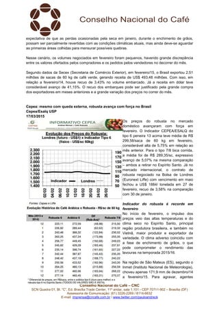 Conselho Nacional do Café – CNC
SCN Quadra 01, Bl. “C”, Ed. Brasília Trade Center, 11º andar, sala 1.101 - CEP 70711-902 – Brasília (DF)
Assessoria de Comunicação: (61) 3226-2269 / 8114-6632
E-mail: imprensa@cncafe.com.br / www.twitter.com/pauloandreck
expectativa de que as perdas ocasionadas pela seca em janeiro, durante o enchimento de grãos,
possam ser parcialmente revertidas com as condições climáticas atuais, mas ainda deve-se aguardar
as primeiras áreas colhidas para mensurar possíveis quebras.
Nesse cenário, os volumes negociados em fevereiro foram pequenos, havendo grande discrepância
entre os valores ofertados pelos compradores e os pedidos pelos vendedores no decorrer do mês.
Segundo dados da Secex (Secretaria de Comércio Exterior), em fevereiro/15, o Brasil exportou 2,51
milhões de sacas de 60 kg de café verde, gerando receita de US$ 493,48 milhões. Com isso, em
relação a fevereiro/14, houve recuo de 3,43% no volume embarcado. Já a receita em dólar teve
considerável avanço de 41,15%. O recuo dos embarques pode ser justificado pela grande compra
dos exportadores em meses anteriores e a grande variação dos preços no correr do mês.
Cepea: mesmo com queda externa, robusta avança com força no Brasil
Cepea/Esalq USP
17/03/2015
Os preços do robusta no mercado
doméstico avançaram com força em
fevereiro. O Indicador CEPEA/ESALQ do
tipo 6 peneira 13 acima teve média de R$
299,58/saca de 60 kg em fevereiro,
considerável alta de 5,75% em relação ao
mês anterior. Para o tipo 7/8 bica corrida,
a média foi de R$ 289,35/sc, expressivo
avanço de 5,07% na mesma comparação
– ambos a retirar no Espírito Santo. Já no
mercado internacional, o contrato de
robusta negociado na Bolsa de Londres
(Euronext Liffe) com vencimento em maio
fechou a US$ 1884/ tonelada em 27 de
fevereiro, recuo de 3,58% na comparação
com 30 de janeiro.
Indicador do robusta é recorde em
fevereiro
No início de fevereiro, o impulso dos
preços veio das altas temperaturas e do
clima seco no Espírito Santo, principal
região produtora brasileira, e também no
Vietnã, maior produtor e exportador da
variedade. O clima adverso coincidiu com
a fase de enchimento de grãos, o que
pode comprometer o rendimento das
lavouras na temporada 2015/16.
Na região de São Mateus (ES), segundo o
Inmet (Instituto Nacional de Meteorologia),
choveu apenas 171,9 mm de dezembro/14
a fevereiro/15. Para agravar, agentes
 