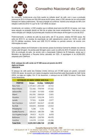 No momento, “evidencia-se uma forte queda na colheita atual” de café, com o que a produção
nacional de 2013-14 ficaria em 554.300 sacas de 60 quilos, disse o CSC através de um comunicado
baseado em dados preliminares. “Se essa projeção se confirmar, haveria uma redução de 58% com
relação à safra de 2012-13, que foi de 1,32 milhão de sacas”.
Inicialmente, em outubro, o CSC projetou que a colheita atual seria de 820,33 mil sacas, com mais
essa redução na projeção devido ao fato de os grãos não terem amadurecido. “Isso levou a uma
maior redução com relação à já prevista pelo impacto do forte ataque de ferrugem no ano de 2012”.
Preliminarmente, a colheita de café da atual safra, até 31 de janeiro, totaliza 447.503 sacas. Na
safra de 2012-13, as receitas de exportação de café salvadorenho caíram em 19,5%, com US$
251,78 milhões vendidos, frente aos US$ 312,70 milhões no período anterior, de acordo com
informações do setor.
A produção cafeeira de El Salvador e dos demais países da América Central foi afetada nos últimos
meses pela ferrugem. As perdas pela ferrugem para o país na safra de 2013-14 seriam de cerca de
50% da produção do grão, de acordo com a Associação Cafeeira de El Salvador, ainda que o
Ministério da Agricultura e Pecuária tenha calculado em 30%. A reportagem é da ACAN-EFE,
adaptada pelo CafePoint.

EUA: estoque de café verde cai 57.380 sacas em janeiro de 2014
Agência Estado
19/02/2014
O estoque de café verde dos Estados Unidos diminuiu em 57.380 sacas em janeiro, somando
5.029.338 sacas, de acordo com dados divulgados nesta terça-feira pela Associação de Café Verde
(GCA, na sigla em inglês). Em 31 de dezembro, o estoque era de 5.086.718 sacas. Fonte: Dow
Jones Newswires.

Conselho Nacional do Café – CNC
SCN Quadra 01, Bl. “C”, Ed. Brasília Trade Center, 11º andar, sala 1.101 - CEP 70711-902 – Brasília (DF)
Assessoria de Comunicação: (61) 3226-2269 / 8114-6632
E-mail: imprensa@cncafe.com.br / www.twitter.com/pauloandreck

 