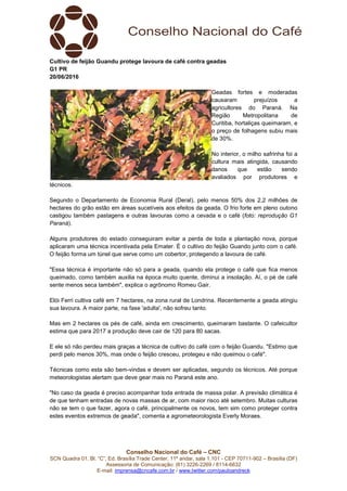 Conselho Nacional do Café – CNC
SCN Quadra 01, Bl. “C”, Ed. Brasília Trade Center, 11º andar, sala 1.101 - CEP 70711-902 – Brasília (DF)
Assessoria de Comunicação: (61) 3226-2269 / 8114-6632
E-mail: imprensa@cncafe.com.br / www.twitter.com/pauloandreck
Cultivo de feijão Guandu protege lavoura de café contra geadas
G1 PR
20/06/2016
Geadas fortes e moderadas
causaram prejuízos a
agricultores do Paraná. Na
Região Metropolitana de
Curitiba, hortaliças queimaram, e
o preço de folhagens subiu mais
de 30%.
No interior, o milho safrinha foi a
cultura mais atingida, causando
danos que estão sendo
avaliados por produtores e
técnicos.
Segundo o Departamento de Economia Rural (Deral), pelo menos 50% dos 2,2 milhões de
hectares do grão estão em áreas sucetíveis aos efeitos da geada. O frio forte em pleno outono
castigou também pastagens e outras lavouras como a cevada e o café (foto: reprodução G1
Paraná).
Alguns produtores do estado conseguiram evitar a perda de toda a plantação nova, porque
aplicaram uma técnica incentivada pela Emater. É o cultivo do feijão Guando junto com o café.
O feijão forma um túnel que serve como um cobertor, protegendo a lavoura de café.
"Essa técnica é importante não só para a geada, quando ela protege o café que fica menos
queimado, como também auxilia na época muito quente, diminui a insolação. Aí, o pé de café
sente menos seca também", explica o agrônomo Romeu Gair.
Elói Ferri cultiva café em 7 hectares, na zona rural de Londrina. Recentemente a geada atingiu
sua lavoura. A maior parte, na fase 'adulta', não sofreu tanto.
Mas em 2 hectares os pés de café, ainda em crescimento, queimaram bastante. O cafeicultor
estima que para 2017 a produção deve cair de 120 para 80 sacas.
E ele só não perdeu mais graças a técnica de cultivo do café com o feijão Guandu. "Estimo que
perdi pelo menos 30%, mas onde o feijão cresceu, protegeu e não queimou o café".
Técnicas como esta são bem-vindas e devem ser aplicadas, segundo os técnicos. Até porque
meteorologistas alertam que deve gear mais no Paraná este ano.
"No caso da geada é preciso acompanhar toda entrada de massa polar. A previsão climática é
de que tenham entradas de novas massas de ar, com maior risco até setembro. Muitas culturas
não se tem o que fazer, agora o café, principalmente os novos, tem sim como proteger contra
estes eventos extremos de geada", comenta a agrometeorologista Everly Moraes.
 