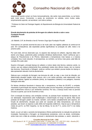 observando quando cortam os frutos transversalmente, não serão mais preenchidos, ou se forem,
será muito pouco. Concluindo, a perda de rendimento na colheita, como muitos estão,
empiricamente supondo, vai acontecer, com toda a certeza.
* Professor do Setor de Fisiologia Vegetal, do Departamento de Biologia da Universidade Federal de
Lavras.

Grande abortamento de pústulas da ferrugem do cafeeiro devido a calor e seca
Fundação Procafé
27/02/2014
J.B. Matiello, S.R. de Almeida e Iran B. Ferreira- Engs Agrs Fundação Procafé
Vivenciamos um período anormal de seca e de muito calor nas regiões cafeeiras do centro-sul do
país. Em consequência, são esperadas perdas significativas na produção de café, nesta e na
próxima safra.
Por outro lado, tem-se observado que, no aspecto das doenças do cafeeiro, algumas delas vêm
dando uma trégua, justamente pelas condições climáticas desfavoráveis. Assim verifica-se que o
ataque de Pseudomonas e de Phoma, relacionado a temperaturas mais baixas e a maiores
umidades, ficou muito reduzido. A cercosporiose, ao contrário, se tornou mais grave, pela falta de
nutrição (N) e pelo calor.
Quanto à ferrugem, principal doença do cafeeiro e motivo desta nota técnica, estamos vendo, no
campo, que seu ataque praticamente ficou paralisado nestes dois últimos meses, isto na maioria
das lavouras. Examinando a folhagem, pode-se verificar que existem poucas lesões da doença e
elas apresentam elevado nível de abortamento.
Sabe-se que a evolução da ferrugem nas lavouras de café, ou seja, o seu nível de infecção, em
determinada situação (região, local, lavoura, etc) e em certos períodos, está relacionada a três
grupos de fatores, ligados ao ambiente (clima), ao hospedeiro (cafeeiro) e ao patógeno, havendo
interação entre eles.
Os fatores climáticos favoráveis à doença são: a temperatura, na faixa de 20-24ºC; a umidade,
necessária à germinação dos esporos, favorecida pelas chuvas frequentes, principalmente as finas,
pelo orvalhamento noturno e por ambientes sombrios. Por isso, a doença evolui mais no período
chuvoso e quente, que vai de novembro a maio.
Com a evolução da doença, sob condições normais, as pústulas ficam recobertas de esporos, de
cor alaranjada, responsáveis pela multiplicação e disseminação do fungo na planta. Mas essas
pústulas de ferrugem podem se mostrar, também, como lesões completamente sem esporos, em
função de abortamento, situação que pode ser causada por altas temperaturas, por chuvas
pesadas, que lavam os esporos e pelo efeito de fungicidas sistêmicos. Veja-se que a temperatura
média de jan/14, na FEX Varginha, no Sul de Minas, foi de 24,1º C, contra 22,4º C da média
histórica.
Assim, se por um lado o aumento de temperatura influiria positivamente na redução do período de
incubação, favorecendo a ferrugem, as temperaturas excessivas, como as atuais, combinadas,
ainda mais com a falta de umidade, provocam o abortamento das pústulas, e, assim, reduzindo o
Conselho Nacional do Café – CNC
SCN Quadra 01, Bl. “C”, Ed. Brasília Trade Center, 11º andar, sala 1.101 - CEP 70711-902 – Brasília (DF)
Assessoria de Comunicação: (61) 3226-2269 / 8114-6632
E-mail: imprensa@cncafe.com.br / www.twitter.com/pauloandreck

 