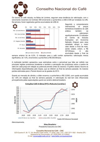 Os futuros do café robusta, na Bolsa de Londres, seguiram essa tendência de valorização, com o 
vencimento novembro do Contrato 409 encerrando a quinta-feira a US$ 2.039 por tonelada na Liffe. 
Na semana, foram registrados ganhos acumulados de US$ 42. 
Conselho Nacional do Café – CNC 
Seguindo o comportamento 
internacional, os preços 
domésticos brasileiros do café 
arábica também se 
SCN Quadra 01, Bl. “C”, Ed. Brasília Trade Center, 11º andar, sala 1.101 - CEP 70711-902 – Brasília (DF) 
Assessoria de Comunicação: (61) 3226-2269 / 8114-6632 
E-mail: imprensa@cncafe.com.br / www.twitter.com/pauloandreck 
valorizaram 
significativamente. O indicador 
do Centro de Estudos 
Avançados em Economia 
Aplicada (Cepea) para essa 
variedade atingiu o maior 
valor desde o início de maio, 
sendo cotado, ontem, a R$ 
457,83/saca. A alta 
acumulada desde o final da 
semana anterior foi de 8,3%. O indicador para o café conilon apresentou valorização menos 
significativa, de 1,5%, encerrando a quinta-feira a R$ 254,56/saca. 
A instituição também apresentou suas estimativas sobre o percentual que falta ser colhido nas 
principais regiões produtoras brasileiras e também a percepção dos produtores sobre a quebra de 
safra em cada praça em relação ao potencial previsto antes do veranico. O gráfico abaixo resume as 
informações disponibilizadas pelo Cepea, que se referem ao final da semana passada. As maiores 
perdas estimadas para o Paraná devem-se às geadas de 2013. 
Quanto ao mercado de câmbio, o dólar encerrou a quinta-feira a R$ 2,2393, com queda acumulada 
de 1,8% em relação ao final da semana passada. A valorização do real tem sido influenciada 
principalmente pelas especulações quanto ao cenário eleitoral brasileiro. 
Atenciosamente, 
Silas Brasileiro 
Presidente Executivo do CNC 
 