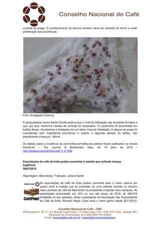 Conselho Nacional do Café – CNC
SCN Quadra 01, Bl. “C”, Ed. Brasília Trade Center, 11º andar, sala 1.101 - CEP 70711-902 – Brasília (DF)
Assessoria de Comunicação: (61) 3226-2269 / 8114-6632
E-mail: imprensa@cncafe.com.br / www.twitter.com/pauloandreck
controle da praga. O monitoramento da lavoura também deve ser adotado de forma a evitar
proliferação das ocorrências.
Foto: Divulgação/ Epamig
A pesquisadora Lenira Santa-Cecília explica que o nível de infestação das amostras foi baixo e
que, por isso, nenhuma medida de controle foi necessária. “A cochonilha foi encontrada em
botões florais, chumbinhos e brotações em um baixo nível de infestação. O ataque da praga foi
considerado sem importância econômica e restrito a algumas plantas do talhão, não
prejudicando a lavoura”, afirma.
Os relatos sobre a incidência da cochonilha-vermelha-do-cafeeiro foram publicados na revista
CheckList – The Journal of Biodiversity Data, de 14 julho de 2015 -
http://biotaxa.org/cl/article/view/11.4.1694.
Exportações de café da Índia podem aumentar à medida que colheita avança
CaféPoint
30/07/2015
Reportagem: Bloomberg / Tradução: Juliana Santin
As exportações de café da Índia podem aumentar para o maior volume em
quatro anos à medida que as previsões de uma colheita recorde no terceiro
maior produtor de café da Ásia levam os produtores a liquidar seus estoques. As
exportações aumentarão em 10% no ano até março de 2016, de 286.516
toneladas no ano passado, disse o presidente da Associação dos Exportadores
de Café da Índia, Ramesh Rajah. Esse seria o maior ganho desde 2011/2012,
 