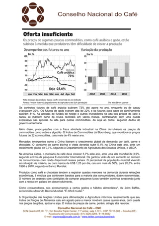 Os contratos futuros de café arábica subiram 73% até agora no ano, enquanto os de cacau 
avançaram 22%. Os futuros de gado tiveram alta de 22% e os futuros para gado de confinamento 
subiram 41%. As apostas de fundos de hedge e outros investidores na alta dos preços de café e 
cacau se mantêm perto de níveis recordes em vários meses, contrastando com uma queda 
expressiva nas apostas de alta para outras commodities, da soja ao cobre, segundo dados do 
governo americano. 
Além disso, preocupações com a fraca atividade industrial na China derrubaram os preços de 
commodities como cobre e algodão. O Índice de Commodities da Bloomberg, que monitora os preços 
futuros de 22 commodities, caiu mais de 4% neste ano. 
Mercados emergentes como a China lideram o crescimento global da demanda por café, carne e 
chocolate. O consumo de carne bovina e vitela deverão subir 5,1% na China este ano, ante um 
crescimento global de 0,7%, segundo o Departamento de Agricultura dos Estados Unidos, o USDA. 
Na América Latina, o mercado de café deve crescer 5,7% este ano, ante uma alta mundial de 3,9%, 
segundo a firma de pesquisa Euromonitor International. Os ganhos virão de um aumento no número 
de consumidores com renda disponível nesses países. O percentual da população mundial vivendo 
em situação de miséria, ou com menos de US$ 1,25 por dia, caiu em mais de 50%, para 20,6%, entre 
1990 e 2010, segundo o Banco Mundial. 
Produtos como café e chocolate tendem a registrar quedas menores na demanda durante retrações 
econômicas, à medida que continuem baratos para a maioria dos consumidores, dizem economistas. 
O número de pessoas com condições de comprar pequenos luxos também continua crescendo junto 
com a renda em países em desenvolvimento. 
Como consumidores, nos acostumamos a certos gostos e hábitos alimentares", diz John Baffes, 
economista sênior do Banco Mundial. "É difícil mudar." 
A Organização das Nações Unidas para Alimentação e Agricultura informou recentemente que seu 
Índice de Preços de Alimentos caiu em agosto para o menor nível em quase quatro anos, com queda 
nos preços de grãos, açúcar e soja. O índice de preços de carne, porém, atingiu alta recorde. 
Conselho Nacional do Café – CNC 
SCN Quadra 01, Bl. “C”, Ed. Brasília Trade Center, 11º andar, sala 1.101 - CEP 70711-902 – Brasília (DF) 
Assessoria de Comunicação: (61) 3226-2269 / 8114-6632 
E-mail: imprensa@cncafe.com.br / www.twitter.com/pauloandreck 
 