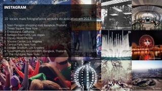 INSTAGRAM



10 locais mais fotografados através do aplicativo em 2013:


1. Siam Paragon shopping mall, Bangkok, Thailand
2. Times Square, New York
3. Disneyland, California
4. Bellagio Fountains, Las Vegas
5. Disney World Florida
6. Staples Center, Los Angeles
7. Central Park, New York
8. Dodger Stadium, Los Angeles
9. Suvarnabhumi Airport (BKK), Bangkok, Thailand
10. The High Line, New York

 