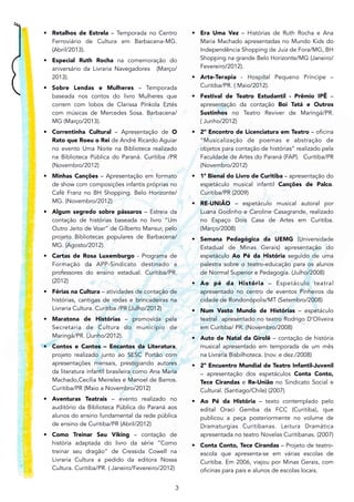 !3
• Retalhos de Estrela – Temporada no Centro
Ferroviário de Cultura em Barbacena-MG.
(Abril/2013).
• Especial Ruth Rocha na comemoração do
aniversário da Livraria Navegadores (Março/
2013).
• Sobre Lendas e Mulheres – Temporada
baseada nos contos do livro Mulheres que
correm com lobos de Clarissa Pínkola Eztés
com músicas de Mercedes Sosa. Barbacena/
MG (Março/2013).
• Correntinha Cultural – Apresentação de O
Rato que Roeu o Rei de André Ricardo Aguiar
no evento Uma Noite na Biblioteca realizado
na Biblioteca Pública do Paraná. Curitiba /PR
(Novembro/2012)
• Minhas Canções – Apresentação em formato
de show com composições infantis próprias no
Café Franz no BH Shopping. Belo Horizonte/
MG. (Novembro/2012)
• Algum segredo sobre pássaros – Estreia da
contação de histórias baseada no livro “Um
Outro Jeito de Voar” de Gilberto Mansur, pelo
projeto Bibliotecas populares de Barbacena/
MG. (Agosto/2012).
• Cartas de Rosa Luxemburgo - Programa de
Formação da APP-Sindicato destinado a
professores do ensino estadual. Curitiba/PR.
(2012)
• Férias na Cultura – atividades de contação de
histórias, cantigas de rodas e brincadeiras na
Livraria Cultura. Curitiba /PR (Julho/2012)
• Maratona de Histórias – promovida pela
Secretaria de Cultura do município de
Maringá/PR. (Junho/2012).
• Contos e Cantos – Encantos da Literatura,
projeto realizado junto ao SESC Portão com
apresentações mensais, prestigiando autores
da literatura infantil brasileira como Ana Maria
Machado,Cecília Meireles e Manoel de Barros.
Curitiba/PR (Maio a Novembro/2012)
• Aventuras Teatrais – evento realizado no
auditório da Biblioteca Pública do Paraná aos
alunos do ensino fundamental da rede pública
de ensino de Curitiba/PR (Abril/2012)
• Como Treinar Seu Viking – contação de
história adaptada do livro da série “Como
treinar seu dragão” de Cressida Cowell na
Livraria Cultura a pedido da editora Nossa
Cultura. Curitiba/PR. ( Janeiro/Fevereiro/2012)
• Era Uma Vez – Histórias de Ruth Rocha e Ana
Maria Machado apresentadas no Mundo Kids do
Independência Shopping de Juiz de Fora/MG, BH
Shopping na grande Belo Horizonte/MG (Janeiro/
Fevereiro/2012).
• Arte-Terapia - Hospital Pequeno Príncipe –
Curitiba/PR. ( Maio/2012).
• Festival de Teatro Estudantil - Prêmio IPÊ –
apresentação da contação Boi Tatá e Outros
Sustinhos no Teatro Reviver de Maringá/PR.
( Junho/2012)
• 2º Encontro de Licenciatura em Teatro – oficina
“Musicalização de poemas e abstração de
objetos para contação de histórias” realizado pela
Faculdade de Artes do Paraná (FAP). Curitiba/PR
(Novembro/2012)
• 1ª Bienal do Livro de Curitiba – apresentação do
espetáculo musical infantil Canções de Palco.
Curitiba/PR (2009)
• RE-UNIÃO – espetáculo musical autoral por
Luana Godinho e Caroline Casagrande, realizado
no Espaço Dois Casa de Artes em Curitiba.
(Março/2008)
• Semana Pedagógica da UEMG (Universidade
Estadual de Minas Gerais) apresentação do
espetáculo Ao Pé da História seguido de uma
palestra sobre o teatro-educação para os alunos
de Normal Superior e Pedagogia. (Julho/2008)
• Ao pé da História – Espetáculo teatral
apresentado no centro de eventos Pinheiros da
cidade de Rondonópolis/MT (Setembro/2008)
• Num Vasto Mundo de Histórias – espetáculo
teatral apresentado no teatro Rodrigo D’Oliveira
em Curitiba/ PR. (Novembro/2008)
• Auto de Natal da Girolê – contação de história
musical apresentado em temporada de um mês
na Livraria Bisbilhoteca. (nov. e dez./2008)
• 2º Encuentro Mundial de Teatro Infantil-Juvenil
– apresentação dos espetáculos Conta Conto,
Tece Cirandas e Re-União no Sindicato Social e
Cultural. (Santiago/Chile) (2007)
• Ao Pé da História – texto contemplado pelo
edital Oraci Gemba da FCC (Curitiba), que
publicou a peça posteriormente no volume de
Dramaturgias Curitibanas. Leitura Dramática
apresentada no teatro Novelas Curitibanas. (2007)
• Conta Conto, Tece Cirandas – Projeto de teatro-
escola que apresenta-se em várias escolas de
Curitiba. Em 2006, viajou por Minas Gerais, com
oficinas para pais e alunos de escolas locais.
 