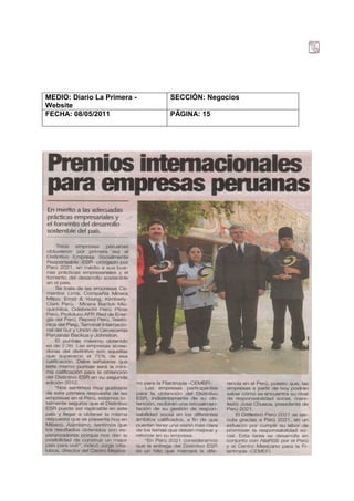 MEDIO: Diario La Primera -   SECCIÓN: Negocios
Website
FECHA: 08/05/2011            PÁGINA: 15
 
