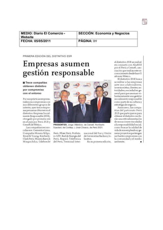 MEDIO: Diario El Comercio -   SECCIÓN: Economía y Negocios
Website
FECHA: 05/05/2011             PÁGINA: B9
 