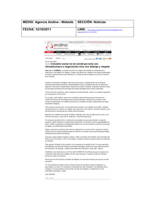 MEDIO: Agencia Andina - Website   SECCIÓN: Noticias

FECHA: 12/10/2011                 LINK:          http://gestion.pe/impresa/noticia/responsabilidad-social-
                                  empresarial/2011-10-12/38871
 