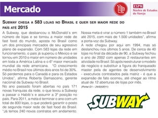 Mercado
SUBWAY     CHEGA A   583   LOJAS NO   BRASIL   E QUER SER MAIOR REDE DO
PAÍS ATÉ   2015




                                                 (Portal G1 – 24/03/2011)
 