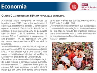 Economia
CLASSE C JÁ REPRESENTA 53% DA POPULAÇÃO BRASILEIRA




                                      (Infomoney – 22/03/2011)
 