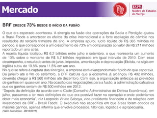 Mercado
BRF CRESCE 73% DESDE O INÍCIO DA FUSÃO
O que era esperado aconteceu. A sinergia na fusão das operações da Sadia e Perdigão ajudou
a Brasil Foods a amortecer os efeitos da crise internacional e a forte oscilação do câmbio nos
resultados do terceiro trimestre do ano. A empresa apurou lucro líquido de R$ 365 milhões no

reportado um ano atrás.
A receita líquida totalizou R$ 6,2 bilhões entre julho e setembro, o que representa um aumento

desempenho, o resultado antes de juros, impostos, amortização e depreciação (Ebitda, na sigla em



devendo chegar a R$ 560 milhões até dezembro. Com isso, a organização antecipa as previsões




maiores ganhos, apenas informa que envolve processos, fábricas, logística e agropecuária.
(Valor Econômico - 28/10/2011)
 
