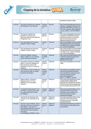  
	
  
	
  
	
  
Cink	
  Shaking	
  Business	
  SL	
  –	
  B64896657	
  –	
  C/Balmes	
  ,	
  171,	
  Pral.	
  1ª	
  -­‐	
  Tel.	
  (+34)	
  93	
  217	
  60	
  35	
  –	
  08006	
  Barcelona	
  
info@cink.es	
  	
  -­‐	
  	
  www.cink.es	
  	
  -­‐	
  	
  blog.cink.es	
  	
  -­‐	
  	
  twitter.com/cinking
sanferlink-a-silicon-valley
4 de julio El proyecto SanferLink, ganador
del programa Yuzz Navarra
diariode
navarra.
es
Navarra http://www.diariodenavarra.es/not
icias/dn_management/emprende
dores/2013/07/04/el_proyecto_sa
nfer_link_ganador_del_programa
_yuzz_navarra_123136_2562.ht
ml
2 de julio El proyecto 'SanferLink',
ganador en Navarra del
concurso para jóvenes talentos
'Programa Yuzz
gentedi
gital.es
Navarra http://www.gentedigital.es/pamplo
na/noticia/1165976/el-proyecto-
sanferlink-ganador-en-navarra-
del-concurso-para-jovenes-
talentos-programa-yuzz/
3 de julio Dos estudiantes de Ourense
viajarán a Silicon Valley
laregion
.es
Ourense http://www.laregion.es/noticia/258
793/estudiantes/ourensanos/silic
on/valley/?utm_medium=twitter&
utm_source=twitterfeed
3 de julio Dos estudiantes de Ourense
viajarán a Silicon Valley
laregion
.es
Ourense http://www.laregion.es/noticia/258
793/estudiantes/ourensanos/silic
on/valley/?utm_medium=twitter&
utm_source=twitterfeed
3 de julio Eduardo Delgado viajará a
Silicon Valley con su proyecto
sobre telecomunicaciones
elnorted
ecastilla
.es
Palencia http://www.elnortedecastilla.es/20
130703/local/palencia/eduardo-
delgado-viajara-silicon-
201307031213.html
2 de julio El proyecto 'Roams' de Alberto
Martín y Eduardo Delgado se
lleva el primer premio del
Programa Yuzz en su sede de
Palencia
aytopal
encia.e
s
Palencia http://www.aytopalencia.es/node/
1898
2 de julio Los jóvenes YUZZ de Palencia,
más cerca de crear su propia
empresa tecnológica
palenci
a.portal
ciudad.
com
Palencia http://palencia.portaldetuciudad.c
om/es-es/noticias/los-jovenes-
yuzz-de-palencia-mas-cerca-de-
crear-su-propia-empresa-
tecnologica-palencia-
006_1_1_408272_12.html
3 de julio Alberto Martín y Eduardo
Delgado ganan el "Yuzz
Palencia" con el proyecto
"Roams"
diariopa
lentino.
es
Palencia http://www.diariopalentino.es/noti
cia/Z48153661-B066-9E7D-
82024AFFE170229F/20130703/a
lberto/martin/eduardo/delgado/ga
nan/yuzz/palencia/proyecto/roam
s
2 de julio Los jóvenes del proyecto Yuzz
en Palma, más cerca de crear
su propia empresa de base
tecnológica
Cambra
mallorc
a
Palma de
Mallorca
http://www.cambramallorca.com/
noticias/5194/los-jvenes-del-
proyecto-yuzz-en-palma-ms-
cerca-de-crear-su-propia-
empresa-tecnolgica
3 de julio ´Aumentan las personas que
incluyen a sus mascotas en el
ocio´
diariode
mallorc
a.es
Palma de
Mallorca
http://www.diariodemallorca.es/p
alma/2013/07/03/aumentan-
personas-incluyen-mascotas-
ocio/857356.html
2 de julio El joves Yuzz de Palma, més a
prop de crear la seva empresa
tecnològica - See more at:
http://blog.palmaactiva.com/201
3/07/el-joves-yuzz-de-palma-
mes-prop-
de.html#sthash.8PjtRLoF.dpuf
palmaa
ctiva.co
m
Palma de
Mallorca
http://blog.palmaactiva.com/2013/
07/el-joves-yuzz-de-palma-mes-
prop-de.html
 