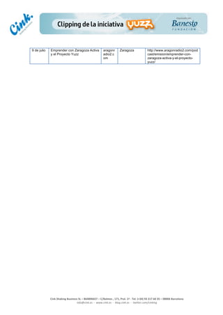  
	
  
	
  
	
  
Cink	
  Shaking	
  Business	
  SL	
  –	
  B64896657	
  –	
  C/Balmes	
  ,	
  171,	
  Pral.	
  1ª	
  -­‐	
  Tel.	
  (+34)	
  93	
  217	
  60	
  35	
  –	
  08006	
  Barcelona	
  
info@cink.es	
  	
  -­‐	
  	
  www.cink.es	
  	
  -­‐	
  	
  blog.cink.es	
  	
  -­‐	
  	
  twitter.com/cinking
9 de julio Emprender con Zaragoza Activa
y el Proyecto Yuzz
aragonr
adio2.c
om
Zaragoza http://www.aragonradio2.com/pod
cast/emision/emprender-con-
zaragoza-activa-y-el-proyecto-
yuzz/
 