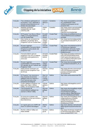  
	
  
	
  
	
  
Cink	
  Shaking	
  Business	
  SL	
  –	
  B64896657	
  –	
  C/Balmes	
  ,	
  171,	
  Pral.	
  1ª	
  -­‐	
  Tel.	
  (+34)	
  93	
  217	
  60	
  35	
  –	
  08006	
  Barcelona	
  
info@cink.es	
  	
  -­‐	
  	
  www.cink.es	
  	
  -­‐	
  	
  blog.cink.es	
  	
  -­‐	
  	
  twitter.com/cinking
3 de julio Tres cántabros participarán en
el proyecto “Yuzz” destinado a
jóvenes emprendedores en el
ámbito de la tecnología
ecocant
abria.co
m
Cantabria http://www.ecocantabria.com/noti
cia_ampliada/4471/tres-
cantabros-participaran-en-el-
proyecto.html
2 de julio MARINA SORIANO
GANADORA DE YUZZ
CASTELLÓN
clubbin
n.es
Castellón http://www.clubinn.es/noticias/MA
RINA-SORIANO-GANADORA-
DE-YUZZ-
CASTELL%C3%93N/348/
2 de julio El Proyecto Yuzz lleva a Silicon
Valley a 33 emprendedores,
uno de Ciudad Real
Encasill
alaman
cha.es
Ciudad Real http://www.encastillalamancha.es
/noticia/26540/wwwencastillalam
anchaes
1 de julio Este martes se conocerán los
finalistas y el ganador del II
Programa Yuzz en Ciudad Real
lacomar
cadepu
ertollan
o.com
Ciudad Real http://www.lacomarcadepuertolla
no.com/diario/noticia/2013_07_0
1/15
2 de julio El joven ingeniero
ciudadrealeño Fernando Martín
Gil gana la cuarta edición del
programa Yuzz
miciuda
dreal.es
Ciudad Real http://www.miciudadreal.es/2013/
07/02/el-joven-ingeniero-
ciudadrealeno-fernando-martin-
gil-gana-la-cuarta-edicion-del-
programa-yuzz/
2 de julio Fernando Martín gana el
programa Yuzz con un sistema
informático para gestionar la
zona azul
elcrisold
eciudad
real.es
Ciudad Real http://www.elcrisoldeciudadreal.e
s/2013/07/02/29164/fernando-
martin-gana-el-programa-yuzz-
con-un-sistema-informatico-para-
gestionar-la-zona-azul/
2 de julio El joven ingeniero
ciudadrealeño Fernando Martín
Gil, ganador de la IV edición del
Programa YUZZ
lacomar
cadepu
ertollan
o.com
Ciudad Real http://www.lacomarcadepuertolla
no.com/diario/noticia/2013_07_0
2/34
4 de julio Siete jóvenes concluyen con
éxito el primer programa Yuzz
de Ermua
elcorreo
.com
Ermua http://www.elcorreo.com/vizcaya/
v/20130704/guipuzcoa/siete-
jovenes-concluyen-exito-
20130704.html
2 de julio El Proyecto Yuzz reconoce a
tres proyectos de jóvenes
gallegos entre los mejores a
nivel nacional para crear
empresas tecnológicas
http://cd
tic.xunt
a.es/es/
node/78
0
Galicia http://cdtic.xunta.es/es/node/780
2 de julio Cuatro gallegos consiguen una
plaza para viajar a Silicon
Valley, con el proyecto YUZZ
noticias
galicia.c
om
Galicia http://www.noticiasgalicia.com/n/
n2817.html
3 de julio Tres proyectos de
emprendedores gallegos los
acercan a Silicon Valley
elcorreo
gallego.
es
Galicia http://www.elcorreogallego.es/gali
cia/ecg/tres-proyectos-
emprendedores-gallegos-
acercan-silicon-valley/idEdicion-
2013-07-03/idNoticia-815202/
4 de julio En busca de ciudades más
inteligentes en las que triunfa la
llave electrónica
elcorreo
gallego.
es
Galicia http://www.elcorreogallego.es/sa
ntiago/ecg/busca-ciudades-
inteligentes-triunfa-llave-
electronica/idEdicion-2013-07-
04/idNoticia-815345/
2 de julio Un vigués gana con el MP3 del
futuro un premio tecnológico
atlantic
o.net
Galicia http://www.atlantico.net/noticia/24
6940/vigues/mp3/premio/tecnolo
gico/
3 de julio Rumbo a Silicon Valley con
ideas estrella
farodevi
go.es
Galicia http://www.farodevigo.es/galicia/2
013/07/03/rumbo-silicon-valley-
ideas-estrella/839291.html
 