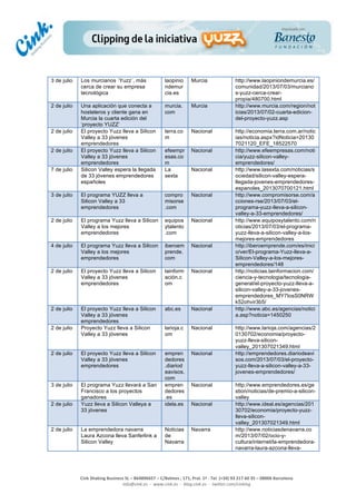  
	
  
	
  
	
  
Cink	
  Shaking	
  Business	
  SL	
  –	
  B64896657	
  –	
  C/Balmes	
  ,	
  171,	
  Pral.	
  1ª	
  -­‐	
  Tel.	
  (+34)	
  93	
  217	
  60	
  35	
  –	
  08006	
  Barcelona	
  
info@cink.es	
  	
  -­‐	
  	
  www.cink.es	
  	
  -­‐	
  	
  blog.cink.es	
  	
  -­‐	
  	
  twitter.com/cinking
3 de julio Los murcianos ´Yuzz´, más
cerca de crear su empresa
tecnológica
laopinio
ndemur
cia.es
Murcia http://www.laopiniondemurcia.es/
comunidad/2013/07/03/murciano
s-yuzz-cerca-crear-
propia/480700.html
2 de julio Una aplicación que conecta a
hosteleros y cliente gana en
Murcia la cuarta edición del
‘proyecto YUZZ’
murcia.
com
Murcia http://www.murcia.com/region/not
icias/2013/07/02-cuarta-edicion-
del-proyecto-yuzz.asp
2 de julio El proyecto Yuzz lleva a Silicon
Valley a 33 jóvenes
emprendedores
terra.co
m
Nacional http://economia.terra.com.ar/notic
ias/noticia.aspx?idNoticia=20130
7021120_EFE_18522570
2 de julio El proyecto Yuzz lleva a Silicon
Valley a 33 jóvenes
emprendedores
efeempr
esas.co
m
Nacional http://www.efeempresas.com/noti
cia/yuzz-silicon-valley-
emprendedores/
7 de julio Silicon Valley espera la llegada
de 33 jóvenes emprendedores
españoles
La
sexta
Nacional http://www.lasexta.com/noticias/s
ociedad/silicon-valley-espera-
llegada-jovenes-emprendedores-
espanoles_2013070700121.html
3 de julio El programa YUZZ lleva a
Silicon Valley a 33
emprendedores
compro
misorse
.com
Nacional http://www.compromisorse.com/a
cciones-rse/2013/07/03/el-
programa-yuzz-lleva-a-silicon-
valley-a-33-emprendedores/
2 de julio El programa Yuzz lleva a Silicon
Valley a los mejores
emprendedores
equipos
ytalento
.com
Nacional http://www.equiposytalento.com/n
oticias/2013/07/03/el-programa-
yuzz-lleva-a-silicon-valley-a-los-
mejores-emprendedores
4 de julio El programa Yuzz lleva a Silicon
Valley a los mejores
emprendedores
iberoem
prende.
com
Nacional http://iberoemprende.com/es/inici
o/ver/El-programa-Yuzz-lleva-a-
Silicon-Valley-a-los-mejores-
emprendedores/148
2 de julio El proyecto Yuzz lleva a Silicon
Valley a 33 jóvenes
emprendedores
lainform
ación.c
om
Nacional http://noticias.lainformacion.com/
ciencia-y-tecnologia/tecnologia-
general/el-proyecto-yuzz-lleva-a-
silicon-valley-a-33-jovenes-
emprendedores_MY7IosS0NRW
k52ohvir3b5/
2 de julio El proyecto Yuzz lleva a Silicon
Valley a 33 jóvenes
emprendedores
abc.es Nacional http://www.abc.es/agencias/notici
a.asp?noticia=1450250
2 de julio Proyecto Yuzz lleva a Silicon
Valley a 33 jóvenes
larioja.c
om
Nacional http://www.larioja.com/agencias/2
0130702/economia/proyecto-
yuzz-lleva-silicon-
valley_201307021349.html
2 de julio El proyecto Yuzz lleva a Silicon
Valley a 33 jóvenes
emprendedores
empren
dedores
.diariod
eavisos.
com
Nacional http://emprendedores.diariodeavi
sos.com/2013/07/03/el-proyecto-
yuzz-lleva-a-silicon-valley-a-33-
jovenes-emprendedores/
3 de julio El programa Yuzz llevará a San
Francisco a los proyectos
ganadores
empren
dedores
.es
Nacional http://www.emprendedores.es/ge
stion/noticias/de-premio-a-silicon-
valley
2 de julio Yuzz lleva a Silicon Valleya a
33 jóvenes
idela.es Nacional http://www.ideal.es/agencias/201
30702/economia/proyecto-yuzz-
lleva-silicon-
valley_201307021349.html
2 de julio La emprendedora navarra
Laura Azcona lleva Sanferlink a
Silicon Valley
Noticias
de
Navarra
Navarra http://www.noticiasdenavarra.co
m/2013/07/02/ocio-y-
cultura/internet/la-emprendedora-
navarra-laura-azcona-lleva-
 