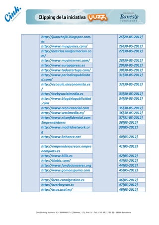 http://juanchojkl.blogspot.com.                                                                                                                25[29-­‐05-­‐2012]	
  
                 es	
  
                 http://www.muypymes.com/	
                                                                                                                     26[30-­‐05-­‐2012]	
  
                 http://noticias.lainformacion.co                                                                                                               27[30-­‐05-­‐2012]	
  
                 m/	
  
                 http://www.muyinternet.com/	
                                                                                                                  28[30-­‐05-­‐2012]	
  
                 http://www.europapress.es	
                                                                                                                    29[30-­‐05-­‐2012]	
  
                 http://www.todostartups.com/	
                                                                                                                 30[30-­‐05-­‐2012]	
  
                 http://www.periodicopublicida                                                                                                                  31[30-­‐05-­‐2012]	
  
                 d.com/	
  
                 http://ecoaula.eleconomista.es                                                                                                                 32[30-­‐05-­‐2012]	
  
                 /	
  
                 http://webysocialmedia.es	
                                                                                                                    33[30-­‐05-­‐2012]	
  
                 http://www.blogdelapublicidad                                                                                                                  34[30-­‐05-­‐2012]	
  
                 .com	
  
                 http://www.cronicasocial.com	
                                                                                                                 35[30-­‐05-­‐2012]	
  
                 http://www.servimedia.es/	
                                                                                                                    36[30-­‐05-­‐2012]	
  
                 http://www.elconfidencial.com	
                                                                                                                37[31-­‐05-­‐2012]	
  
                 Emprendedores	
                                                                                                                                38[05-­‐2012]	
  
                 http://www.madridnetwork.or                                                                                                                    39[05-­‐2012]	
  
                 g	
  
                 http://www.behance.net	
                                                                                                                       40[05-­‐2012]	
  
                 	
                                                                                                                                             	
  
                 http://emprenderycrecer.empre                                                                                                                  41[05-­‐2012]	
  
                 nemjunts.es	
  
                 http://www.bilib.es	
                                                                                                                          42[05-­‐2012]	
  
                 http://blobic.com/	
                                                                                                                           43[05-­‐2012]	
  
                 http://www.fundacionseres.org	
                                                                                                                44[05-­‐2012]	
  
                 http://www.gomaespuma.com	
                                                                                                                    45[05-­‐2012]	
  
                 	
                                                                                                                                             	
  
                 http://beta.canalgestion.es	
                                                                                                                  46[05-­‐2012]	
  
                 http://azerbaycan.tv	
                                                                                                                         47[05-­‐2012]	
  
                 http://asus.usal.es/	
                                                                                                                         48[05-­‐2012]	
  
	
  
                                                                                      	
  
                                                                                      	
  
                                                                                      	
  
                                                                                      	
  
       Cink	
  Shaking	
  Business	
  SL	
  –	
  B64896657	
  –	
  C/Balmes	
  ,	
  171,	
  Pral.	
  1ª	
  -­‐	
  Tel.	
  (+34)	
  93	
  217	
  60	
  35	
  –	
  08006	
  Barcelona	
  
 