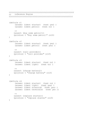 ;;;;;;;;;;;;;;;;;;;;;;;;;;;;;;;;;;;;;;;;;;;;;;;;;;;;;;;;;
;;   inference Engine 
;;;;;;;;;;;;;;;;;;;;;;;;;;;;;;;;;;;;;;;;;;;;;;;;;;;;;;;;


(defrule r1 
     (answer (ident starter)  (text yes) ) 
     (answer (ident petrol)  (text no) ) 
      
     => 
    (assert (buy some petrol!)) 
    (printout t "buy some petrol!" crlf) 
) 

(defrule r2 
     (answer (ident starter)  (text yes) ) 
     (answer (ident petrol)  (text yes) ) 

     => 
    (assert (call provider)) 
    (printout t "call provider" crlf) 
) 

(defrule r3 
     (answer (ident starter)  (text no) ) 
     (answer (ident light)  (text no) ) 

     => 
    (assert (charge battery)) 
    (printout t "charge battery" crlf) 
) 


(defrule r4 
     (answer (ident starter)  (text no) ) 
     (answer (ident light)  (text yes) ) 
     (answer (ident solenoid)  (text yes) ) 
     (answer (ident terminals)  (text yes )) 
      
     => 
    (assert (replace starter)) 
    (printout t "replace starter" crlf) 
) 
 