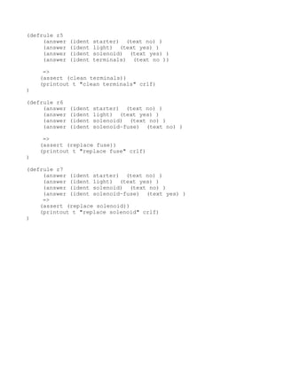 (defrule r5 
     (answer (ident starter)  (text no) ) 
     (answer (ident light)  (text yes) ) 
     (answer (ident solenoid)  (text yes) ) 
     (answer (ident terminals)  (text no )) 

     => 
    (assert (clean terminals)) 
    (printout t "clean terminals" crlf) 
) 

(defrule r6 
     (answer (ident starter)  (text no) ) 
     (answer (ident light)  (text yes) ) 
     (answer (ident solenoid)  (text no) ) 
     (answer (ident solenoid­fuse)  (text no) ) 
      
     => 
    (assert (replace fuse)) 
    (printout t "replace fuse" crlf) 
) 

(defrule r7 
     (answer (ident starter)  (text no) ) 
     (answer (ident light)  (text yes) ) 
     (answer (ident solenoid)  (text no) ) 
     (answer (ident solenoid­fuse)  (text yes) ) 
     => 
    (assert (replace solenoid)) 
    (printout t "replace solenoid" crlf) 
) 
 