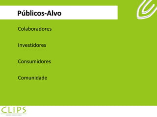 Públicos-Alvo Colaboradores Investidores Consumidores Comunidade 