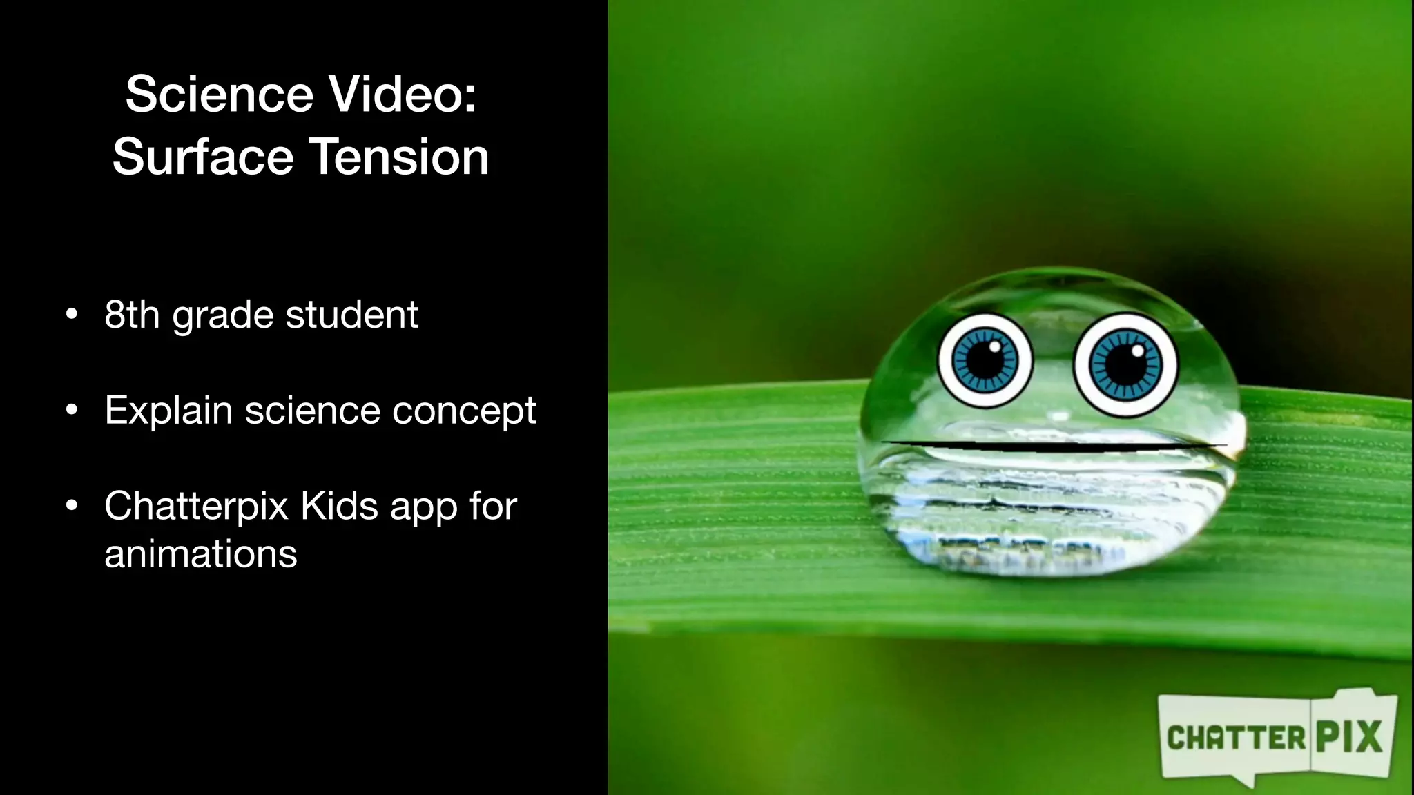 Science Video:


Surface Tension
• 8th grade student

• Explain science concept

• Chatterpix Kids app for
animations
 