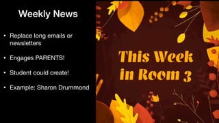 Weekly News
• Replace long emails or
newsletters

• Engages PARENTS!

• Student could create!

• Example: Sharon Drummond
 