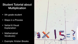 Student Tutorial about
Multiplication
• 5th grade student

• Steps in a Process

• Verbal & Visual
Explanation

• Mathematical
Vocabulary

• Example: Kristen Brooks
 