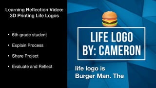 Learning Re
fl
ection Video:


3D Printing Life Logos
• 6th grade student

• Explain Process

• Share Project

• Evaluate and Re
fl
ect
 