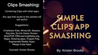 Clips Smashing:
Combining Clips with other apps
Any app that saves to the camera roll
will work!!!

Suggestions: 

Chatterpix Kids, Minecraft, Seesaw,
Keynote, Do Ink-Green Screen,
BrainPOP, PBSLearningMedia.org,
Maps, Drawing apps, Puppet Pals,
Augmented Reality Apps, 

Merge Cube Apps

Example: Kristen Brooks
 