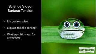 Science Video:


Surface Tension
• 8th grade student

• Explain science concept

• Chatterpix Kids app for
animations
 