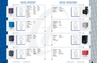 LINHA LEVE                      MINI AUXILIARES                                                                        LINHA LEVE                 INJEÇÃO ELETRÔNICA
                                      LÌNEA LIVIANA - MINI AUXILIARES                                                                                   LÌNEA LIVIANA - INYECCIÓN ELECTRÓNICA
      12V   12110                                                                                                                                                                                                                     17117          12V
                                                             Características               VW               Fiat
                                                              4 terminais - 2 largos       Gol 96/...       46520412
                                                              (2 x 4,8mm + 2 x 6,3mm)      Santana 96/...   7676504         Características             VW
                                                              Sem suporte                  Logus 96/...     Uno 96/...      4 terminais - 2 largos      211911253.1
                                                              12 V / 30A (NA)              Saveiro 96/...   Pálio 96/...    Com suporte                 Kombi diesel...84/
                                                              Com proteção na bobina                        Siena 96/...    12 V / 70A (NA)
                                                              contra pico reverso
                                                                                           GM               Tempra 96/...   Cor preta                   GM
                                                                                           90229206
                                                              Cor violeta                  93209737         Marea                                       52226198 / 94611312
                                                             Aplicação                     93226612         Brava           Aplicação                   Opala 85/89
                                                                                                                            Universal                   Caravan 85/89
                         30 85                  86 87         Universal,                   93224503                         Ar condicionado                                                              30 85                86 87
                                                              Partida à frio,              Corsa 96/...
                                      30                      Bomba elétrica de            Vectra 96/...
                                                              combustível,                 Ômega 96/...                                                                                                             87
                                      87




                                                                                                                                                                                                              86




                                                                                                                                                                                                                              85
                                                              Desembaçador do              98209739
                                85         86                 vidro traseiro,




                                                                                                                                                                                                                        30
                                                              Vidro elétrico,
                                                              Ar condicionado,
                                                              Farol alto e baixo,
                                                              Farol de milha,
                                                              Buzina

      12V   12111                                                                                                                                                                                                                           3527     12V


                                                              Características              Fiat                             Características            GM
                                                               4 terminais                 7525171
                                                               (2 x 2,8mm + 2 x 6,3mm)     Uno                              4 terminais - 2 largos     90494959
                                                               Sem suporte                 Tempra                           Sem suporte                Vectra
                                                               12 V / 20A (NA)                                              12 V / 50A (NA)            Astra
                                                               Com proteção na bobina                                       Cor cinza
                                                               contra pico reverso                                                                     Fiat
                                                               Cor azul                                                     Aplicação                  Tipo 1.6 / 2.0
                         30 85                  86 87                                                                       Bomba elétrica de          Tempra 91                                        30 85                86 87
                                                              Aplicação                                                     combustível
                                                               Universal,                                                   Válvula de injeção
                                      30                                                                                                                                                                           87
                                                               Farol de milha,                                              2º velocidade da
                                      87




                                                                                                                                                                                                             86




                                                                                                                                                                                                                             85
                                                               Desembaçador.                                                ventuinha
                                 85        86




                                                                                                                                                                                                                    30
      12V   12113                                                                                                                                                                                                                           4703      12V


                                                              Características              Fiat                             Características            GM
                                                               4 terminais - 2 largos      7676504
                                                                                                                            7 terminais                52267685
                                                               (2 x 4,8mm + 2 x 6,3mm)     Pálio, Siena,
                                                                                                                            Sem suporte                Monza EFI 91
                                                               Sem suporte                 Marea, Brava
                                                                                                                            12 V                       Kadett SL / SLE 92
                                                               12 V / 30A (NA)             GM                               Eletrônico                 Ipanema 91
                                                               Com proteção na bobina      93226612                         Cor preta
                                                               contra pico reverso         Corsa
                                                               Cor preta                                                    Aplicação
                         30 85                  86 87
                                                              Aplicação                                                     Injeção eletrônica de                                                    L 31 S 15 87                   85 30
                                                               Universal,                                                   combustível (TBI) EFI
                                      30                       Farol de milha,
                                      87                       Desembaçador.                                                                                                                                       30




                                                                                                                                                                                                                             31
                                                                                                                                                                                                             L
                                                                                                                                                                                                                   15
                                85         86




                                                                                                                                                                                                                    87
                                                                                                                                                                                                             85




                                                                                                                                                                                                                             S
      12V   17118                                                                                                                                                                                                                           6355      12V

                                                              Características              GM                Citroën
                                                               5 terminais                 90414477          9620220980     Características          VW
                                                               (3 x 4,8mm + 2 x 6,3mm)     Corsa             Xsara          4 terminais              377906383
                                                               Sem suporte                 Fiat              Renault        12 V / 40A (NA)          Gol 91/...
                                                               Reversor                    46453554          7700414484     Sem suporte              Voyage 91/...
                                                               12 V / 30A (NA), 20A (NF)   46520423          Clio           Bobina polarizada        Parati 91/...
                                                               Cor preta                                                    (+85, -86)               AB-9 / Kombi
                                                                                           Marea, Brava      Mégane         Proteção contra o        325907411-1
                                                              Aplicação                    Peugeot           Scenic         pico reverso             Santana, Quantum,
                        30 85               86 87 87a
                                                               Ventilação,                 9620220980                       Cor vermelho             Versailles e Royalle 83/...                         30 85                86 87
                                                               Ar condicionado,            P-306
                                      30                       Medidor de vazão de                                          Aplicação                                                                               87
                                                               combustível                                                  Bomba elétrica de




                                                                                                                                                                                                              86




                                                                                                                                                                                                                              85
                                      87
                                                                                                                            combustível EFI
                                85 87a 86




                                                                                                                                                                                                                        30
28   Os Originais de Fábrica                      Los Originales de Fábrica                                                                                                        Os Originais de Fábrica                        Los Originales de Fábrica   19
                                                                                                                                                                                                                                                              39
 