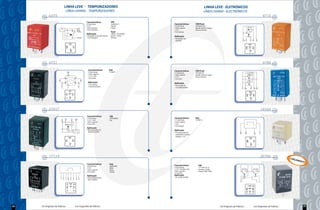 LINHA LEVE                            TEMPORIZADORES                                                                  LINHA LEVE ELETRÔNICOS
                               LÌNEA LIVIANA - TEMPORIZADORES                                                                                    LÌNEA LIVIANA - ELECTRÓNICOS
      12V   6375                                                                                                                                                                                                                    4715   12V

                                                                 Características                VW
                                                                  4 terminais                   542955531        Características       VW/Ford
                                                                  12 V                          Apollo            5 terminais          541959141A
                                                                  Sem suporte                   Logus             Sem suporte          Apollo, Pointer, Logus
                                                                  Cor vermelha                                    12 V                 Escort, Verona
                                                                                                Ford              Cor laranja
                                                                 Aplicação                      78GG 17CA499AA
                                                                  Limpadores de pára-brisas     Escort - todos   Aplicação
                                                                  com lavagem                   Verona
                                                                                                                  Ventilador do
                                                                                                                  radiador                                                              31b 31             87 15          50

                                       54
                                                                                                                                                                                                       31




                               31b1




                                                 31




                                                                                                                                                                                            31b




                                                                                                                                                                                                                    15
                                                                                                                                                                                                       50




                                          31b2




                                                                                                                                                                                                           87
      12V   4731                                                                                                                                                                                                                    4706   12V


                                                                  Características             Fiat               Características       VW/Ford
                                                                   6 terminais                7734971             5 terminais          541959141
                                                                   Sem suporte                                    Sem suporte          Apollo, Pointer, Logus
                                                                   12 V / 20A                                     12 V                 Escort, Verona
                                                                   Cor preta                                      Cor Azul
                                                                  Aplicação                                      Aplicação
                                                                   Luz interna                                    Comando do
                                                                   Luz de cortesia                                ar condicionado
                                                                                                                                                                                        31 30b                 87   50 31b

                                      3
                                                                                                                                                                                                           30b
                            6




                                                                                                                                                                                             31b
                                                 2




                                      5




                                                                                                                                                                                                                    31
                                                                                                                                                                                                           50
                                       4




                                                                                                                                                                                                               87
                            1




      12V   21017                                                                                                                                                                                                                  18364   12V

                                                                 Características              VW
                        X   75             31
                                                                  4 terminais                 5Z0959485          Características       Fiat
                                                      75h                                                         4 terminais          7079615
                                                                  12 V / 20A                  Fox
                                                                  Sem suporte                                     Sem suporte
                                                                  Cor preta                                       12 V
                                                                                                                  Cor laranja
                                                                 Aplicação
                                                                  Temporizador do                                Aplicação
                                                                  desembaçador                                    Acionamento da                                                   30      86                        85        P
                                                                                                                  ventuinha (retardo
                                                                                                                  estágio 1 e 2)
                                      75h                                                                                                                                                                  30
                                                 75
                            31




                                                                                                                                                                                             86




                                                                                                                                                                                                                     P
                                       X




                                                                                                                                                                                                               85
      12V   17114                                                                                                                                                                                                                  20766   12V   LANÇ
                                                                                                                                                                                                                                                     AME
                                                                                                                                                                                                                                                        NTO
                                                                 Características              Fiat
                                                                  8 terminais                 46409709           Características          VW                                       2               5           1               3

                                                                  12 V                        Pálio              8 terminais              171 959 141 A
                                                                  Sem suporte                 Siena              12 V / 5A, 20A, 25A      Santana / Audi
                                                                  Cor preta                   Strada             Sem suporte              Passat 1990-1994
                                                                                                                 Cor preta
                                                                 Aplicação                                       Aplicação
                                                                   Central Eletrônica                             Ar condicionado
                                                                  retro neblina
                                                                                                                                                                                   47                                     8    6
                                7




                                                  6




                                          8                                                                                                                                                        4                3
                                4




                                                  9




                                          5                                                                                                                                                                7
                                                                                                                                                                                             6                      5
                                1




                                                  3




                                                                                                                                                                                             1         8            2




22   Os Originais de Fábrica                          Los Originales de Fábrica                                                                                 Os Originais de Fábrica                              Los Originales de Fábrica             25
 