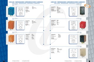LINHA LEVE TEMPORIZADORES / LIMPADORES DE VIDRO / ILUMINAÇÃO                                               LINHA LEVE TEMPORIZADORES / LIMPADORES DE VIDRO / ILUMINAÇÃO
          LÌNEA LIVIANA - TEMPORIZADORES / LIMPIAVIDRIOS / ILUMINACIÓN                                                      LÌNEA LIVIANA - TEMPORIZADORES / LIMPIAVIDRIOS / ILUMINACIÓN
            12V   21015                                                                                                                                                                                                                          20765   12V
                                                                                                                                                                                                                                                               LANÇ
                                                                                                                                                                                                                                                                   AMEN
                                                                                                                                                                                                                                                                       TO
                                                                      Características       Ford                Características           VW
                                                                       6 terminais          3M5514512AA         4 terminais               ZBC 959 753 A
                                                                       12 V / 40-10A        Focus/Focus Sedan   12V                       Santana 2000
                                                                       Sem suporte          2000/...            Sem suporte               Gol / Quantum
                                                                       Cor azul                                 Cor preta                 Logus 93/...
                                                                                                                Aplicação                 Pointer
                                                                      Aplicação                                 Controlador do vidro      Ford
                                                                       Auto travamento                          elétrico (Lift-Lower)     T71959753A




                                                            31
                                                           VD
                                           30
                              15
                              PT



                                           TV
                                                                       cortesia do vidro                                                  89TU15512AA
                                                                       elétrico                                                           F-1000 93/98                                           15          31                  87     30

                                            VD                                                                                            Versailles / Escort / Verona
                                                                                                                                                                                                                    15




                                                      30
                                      31
                                            TV
                                                                                                                                                                                                              31            30




                                                15
                                      PT
                                                                                                                                                                                                                       87




            12V   21016                                                                                                                                                                                                                          21018   12V

                                                                                                                Características           Ford
                                                                      Características       Ford                 6 terminais              Focus
                                                                       4 terminais          3M5514512BA          Sem suporte
                                                                       12 V / 40A           3M5514512CA          12 V
                                                                       Sem suporte          Focus/Focus Sedan
                                                                                                                                          VW
                                                                                                                 Cor vermelha             325955311
                                                                       Cor laranja          2000/...
                                                                                                                                          Gol
                                                                                                                Aplicação                 Parati
                                                                      Aplicação                                  Temporizador para        Saveiro
                                                                       Cortesia do vidro                         o limpador de pára-




                                                                                                                                                                                                                                            31
                                                                                                                                                                                                                                      53M
                                                                                                                                                                                                              53S
                                                                                                                                                                                                        15
                                                                                                                                                                                                   T
                                                                                                                                                                                             I
                                                                       elétrico
                                                           31
                                                     VD
                                     30
                               15




                                                                                                                 brisas

                                           VD                                                                                                                                                                     15
                                                     30
                                     31




                                                                                                                                                                                                       31




                                                                                                                                                                                                                                 T
                                                                                                                                                                                                                  53S




                                                                                                                                                                                                                      53M
                                            15




                                                                                                                                                                                                       I
            12V   4718                                                                                                                                                                                                                            2931   12V

                                                                      Características      GM                   Características                   GM
                                                                       4 terminais         52270096              5 terminais                      94659797
                                                                       Sem suporte         Monza 86/...          12 V                             52280734
                                                                       12 V / 30A          Kadett 86/...         Com clip de fixação              Monza 86/...
                                                                       Saída positiva                            Cor marrom                       Kadett 86/...
                                                                       Cor Laranja         Fiat                                                   Chevette
                                                                                           52280684             Aplicação
                                                                      Aplicação            7712467               Luz interna
                                                                       Universal,          Tempra 93/...         Iluminação de cortesia
                                                           31
                                     30




                                                     87
                               15




                                                                       Vidro Elétrico.
                                                                                                                                                                                                                  S




                                                                                                                                                                                                       30




                                                                                                                                                                                                                             87
                                           87                                                                                                                                                                     15
                                                     30
                                     31




                                                                                                                                                                                                                    31
                                            15




                                                                                                                                                                                                                                                 17129   12V


                                                                                                                Características            VW
                                                                                                                 5 terminais               959753 / ZBC959753
                                                                                                                 Sem suporte               Linha BX / Santana
                                                                                                                 12 V                      todos
                                                                                                                 Cor natural
                                                                                                                                           Ford
                                                                                                                Aplicação                  ZBC 959753
                                                                                                                 Vidro elétrico


                                                                                                                                                                                                                    30




                                                                                                                                                                                                        87




                                                                                                                                                                                                                                 S1
                                                                                                                                                                                                                    S2




                                                                                                                                                                                                                       87a
24         Os Originais de Fábrica                         Los Originales de Fábrica                                                                                     Os Originais de Fábrica                                 Los Originales de Fábrica                23
 