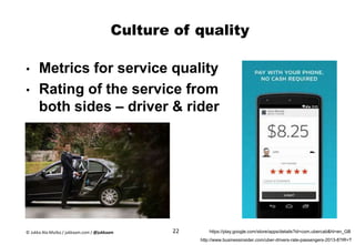 Culture of quality
• Metrics for service quality
• Rating of the service from
both sides – driver & rider
http://www.businessinsider.com/uber-drivers-rate-passengers-2013-8?IR=T
https://play.google.com/store/apps/details?id=com.ubercab&hl=en_GB22© Jukka Ala-Mutka / jukkaam.com / @jukkaam
 
