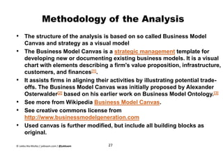 Methodology of the Analysis
• The structure of the analysis is based on so called Business Model
Canvas and strategy as a visual model
• The Business Model Canvas is a strategic management template for
developing new or documenting existing business models. It is a visual
chart with elements describing a firm's value proposition, infrastructure,
customers, and finances[1].
• It assists firms in aligning their activities by illustrating potential trade-
offs. The Business Model Canvas was initially proposed by Alexander
Osterwalder[2] based on his earlier work on Business Model Ontology.[3]
• See more from Wikipedia Business Model Canvas.
• See creative commons license from
http://www.businessmodelgeneration.com
• Used canvas is further modified, but include all building blocks as
original.
27© Jukka Ala-Mutka / jukkaam.com / @jukkaam
 