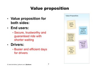 Value proposition
• Value proposition for
both sides:
• End users:
• Secure, trustworthy and
guaranteed ride with
shorter waiting
• Drivers:
• Busier and efficient days
for drivers
7© Jukka Ala-Mutka / jukkaam.com / @jukkaam
 