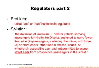 Regulators part 2
• Problem:
• Local “taxi” or “cab” business is regulated
• Solution:
• the definition of limousine — “mo...