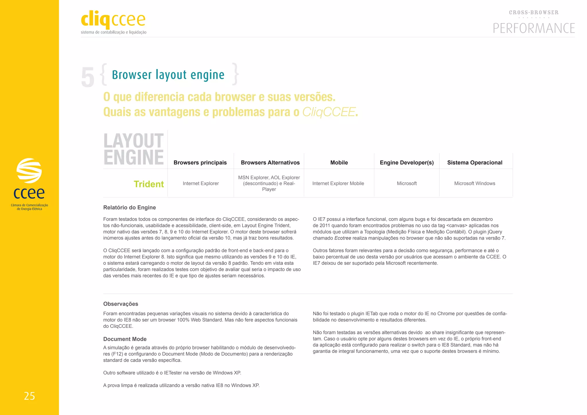 5      Browser layout engine
         O que diferencia cada browser e suas versões.
         Quais as vantagens e problemas para o CliqCCEE.

         LAYOUT
         ENGINE                          Browsers principais             Browsers Alternativos                  Mobile                Engine Developer(s)           Sistema Operacional

                                                                       MSN Explorer, AOL Explorer
                       Trident                Internet Explorer         (descontinuado) e Real-
                                                                                Player
                                                                                                        Internet Explorer Mobile             Microsoft                 Microsoft Windows



         Relatório do Engine

         Foram testados todos os componentes de interface do CliqCCEE, considerando os aspec-           O IE7 possui a interface funcional, com alguns bugs e foi descartada em dezembro
         tos não-funcionais, usabilidade e acessibilidade, client-side, em Layout Engine Trident,       de 2011 quando foram encontrados problemas no uso da tag <canvas> aplicadas nos
         motor nativo das versões 7, 8, 9 e 10 do Internet Explorer. O motor deste browser sofrerá      módulos que utilizam a Topologia (Medição Física e Medição Contábil). O plugin jQuery
         inúmeros ajustes antes do lançamento oficial da versão 10, mas já traz bons resultados.        chamado Ecotree realiza manipulações no browser que não são suportadas na versão 7.

         O CliqCCEE será lançado com a configuração padrão de front-end e back-end para o               Outros fatores foram relevantes para a decisão como segurança, performance e até o
         motor do Internet Explorer 8. Isto significa que mesmo utilizando as versões 9 e 10 do IE,     baixo percentual de uso desta versão por usuários que acessam o ambiente da CCEE. O
         o sistema estará carregando o motor de layout da versão 8 padrão. Tendo em vista esta          IE7 deixou de ser suportado pela Microsoft recentemente.
         particularidade, foram realizados testes com objetivo de avaliar qual seria o impacto de uso
         das versões mais recentes do IE e que tipo de ajustes seriam necessários.




         Observações
         Foram encontradas pequenas variações visuais no sistema devido à característica do             Não foi testado o plugin IETab que roda o motor do IE no Chrome por questões de confia-
         motor do IE8 não ser um browser 100% Web Standard. Mas não fere aspectos funcionais            bilidade no desenvolvimento e resultados diferentes.
         do CliqCCEE.
                                                                                                        Não foram testadas as versões alternativas devido ao share insignificante que represen-
         Document Mode                                                                                  tam. Caso o usuário opte por alguns destes browsers em vez do IE, o próprio front-end
                                                                                                        da aplicação está configurado para realizar o switch para o IE8 Standard, mas não há
         A simulação é gerada através do próprio browser habilitando o módulo de desenvolvedo-
                                                                                                        garantia de integral funcionamento, uma vez que o suporte destes browsers é mínimo.
         res (F12) e configurando o Document Mode (Modo de Documento) para a renderização
         standard de cada versão específica.

         Outro software utilizado é o IETester na versão de Windows XP.

         A prova limpa é realizada utilizando a versão nativa IE8 no Windows XP.

25
 