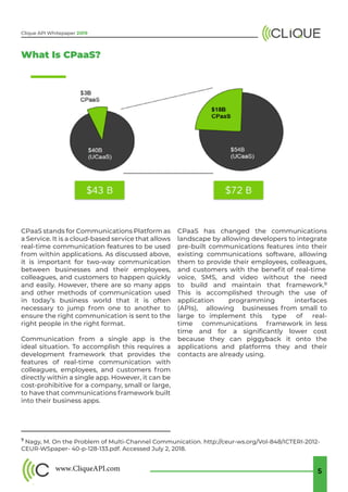 www.CliqueAPI.com 5
Clique API Whitepaper 2019
What Is CPaaS?
CPaaS stands for Communications Platform as
a Service. It is a cloud-based service that allows
real-time communication features to be used
from within applications. As discussed above,
it is important for two-way communication
between businesses and their employees,
colleagues, and customers to happen quickly
and easily. However, there are so many apps
and other methods of communication used
in today’s business world that it is often
necessary to jump from one to another to
ensure the right communication is sent to the
right people in the right format.
Communication from a single app is the
ideal situation. To accomplish this requires a
development framework that provides the
features of real-time communication with
colleagues, employees, and customers from
directly within a single app. However, it can be
cost-prohibitive for a company, small or large,
to have that communications framework built
into their business apps.
7
Nagy, M. On the Problem of Multi-Channel Communication. http://ceur-ws.org/Vol-848/ICTERI-2012-
CEUR-WSpaper- 40-p-128-133.pdf. Accessed July 2, 2018.
CPaaS has changed the communications
landscape by allowing developers to integrate
pre-built communications features into their
existing communications software, allowing
them to provide their employees, colleagues,
and customers with the benefit of real-time
voice, SMS, and video without the need
to build and maintain that framework.8
This is accomplished through the use of
application programming interfaces
(APIs), allowing businesses from small to
large to implement this type of real-
time communications framework in less
time and for a significantly lower cost
because they can piggyback it onto the
applications and platforms they and their
contacts are already using.
 
