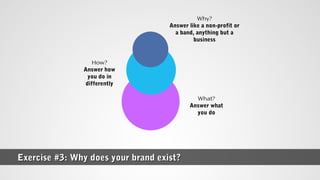 Exercise #3: Why does your brand exist?Exercise #3: Why does your brand exist?
Why?
Answer like a non-profit or
a band, anything but a
business
How?
Answer how
you do in
differently
What?
Answer what
you do
 